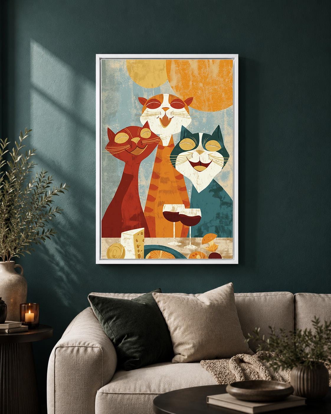 Retro Mid Century Cat Party Wine & Cheese Framed Canvas by The Wall Art Studio