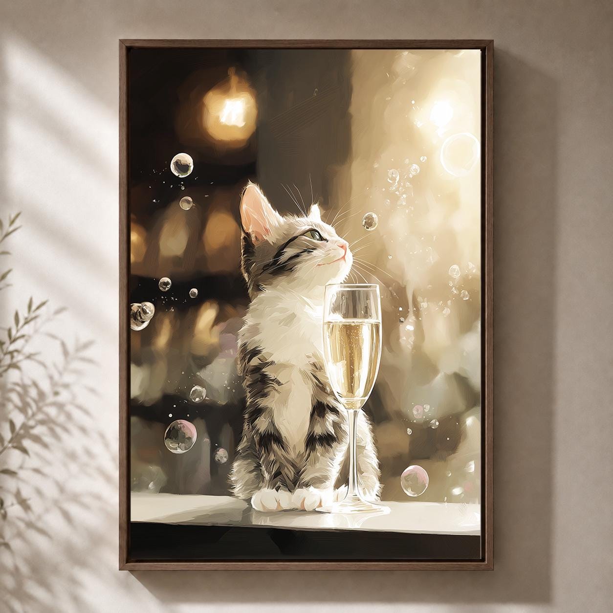 Champagne Cat Kitten Framed Canvas by The Wall Art Studio