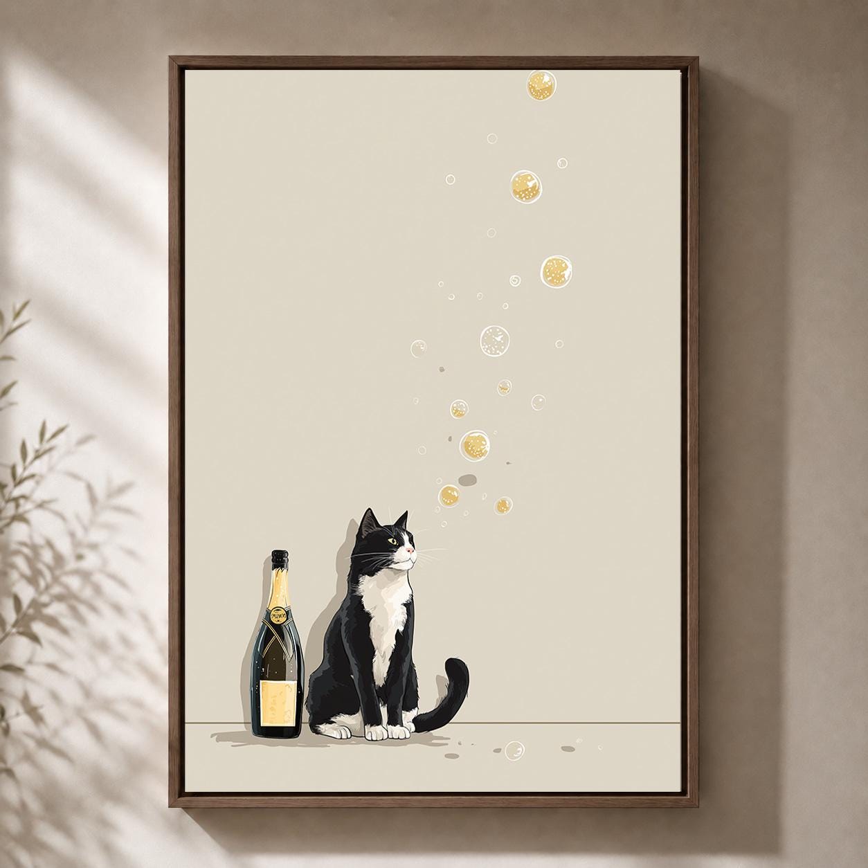 Minimalist Champagne Black & White Cat Framed Canvas by The Wall Art Studio