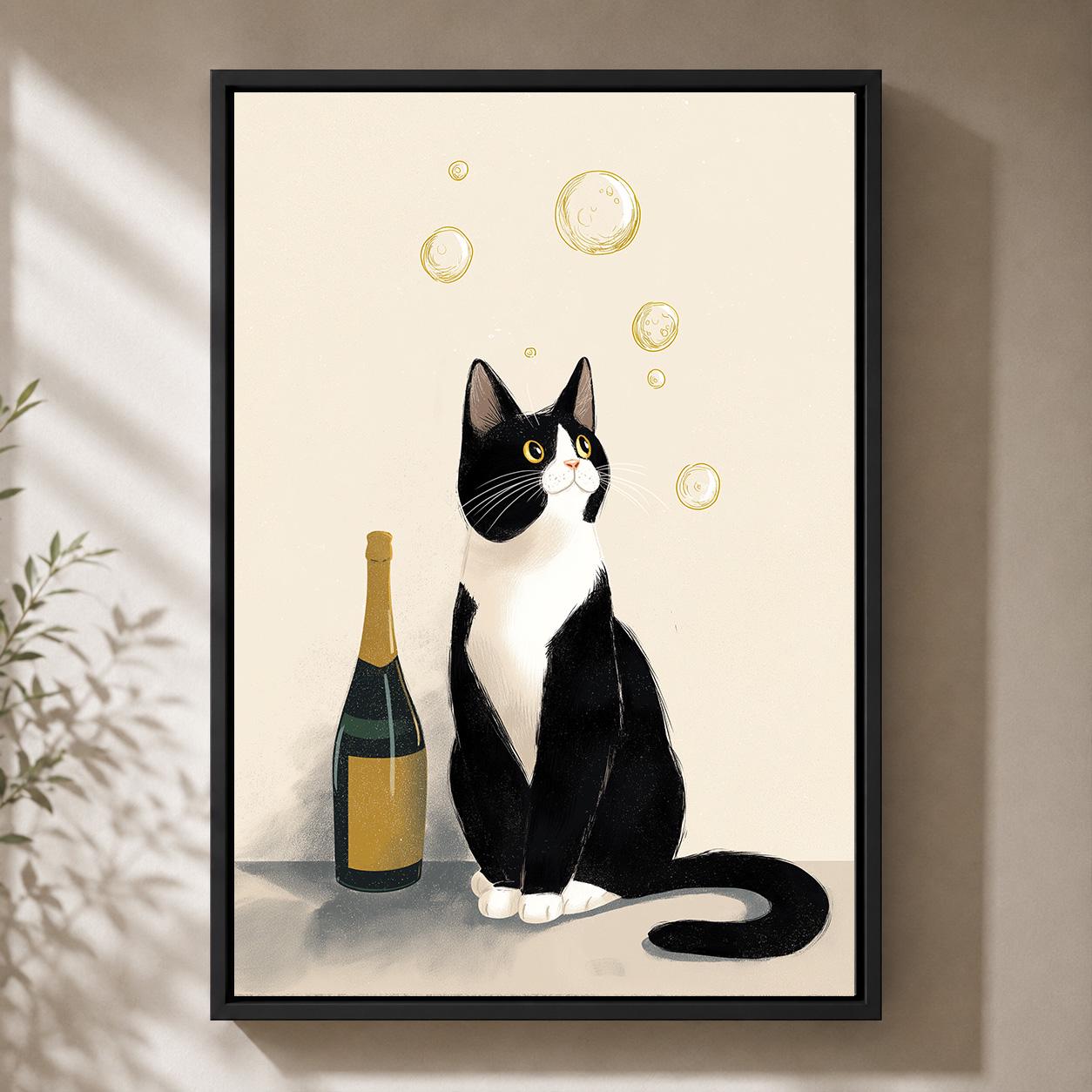 Tuxedo Cat with Champagne Framed Canvas by The Wall Art Studio