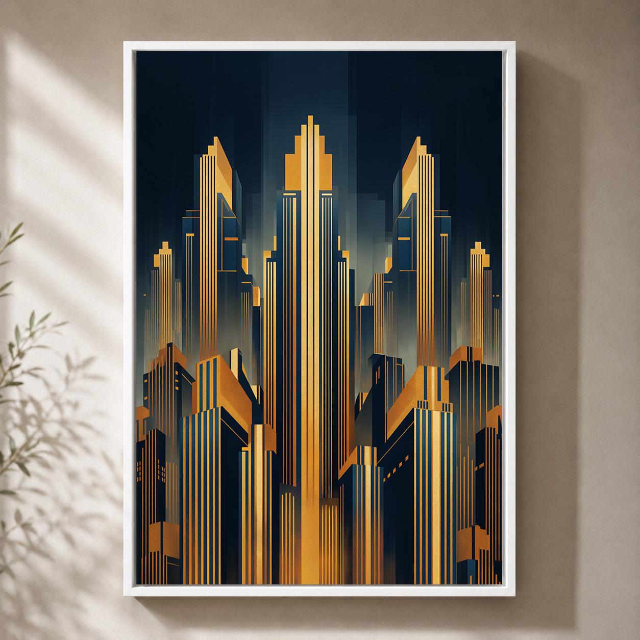 Art Deco Cityscape Gold Skyscraper Geometric Skyline Framed Canvas by The Wall Art Studio
