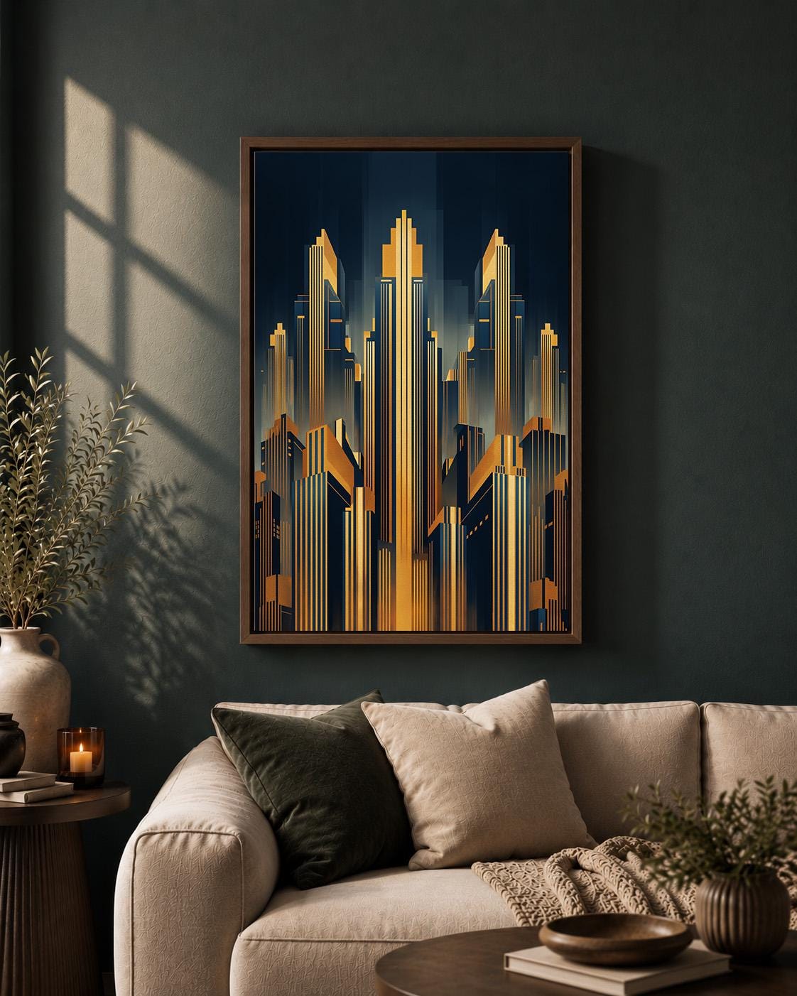 Art Deco Cityscape Gold Skyscraper Geometric Skyline Framed Canvas by The Wall Art Studio