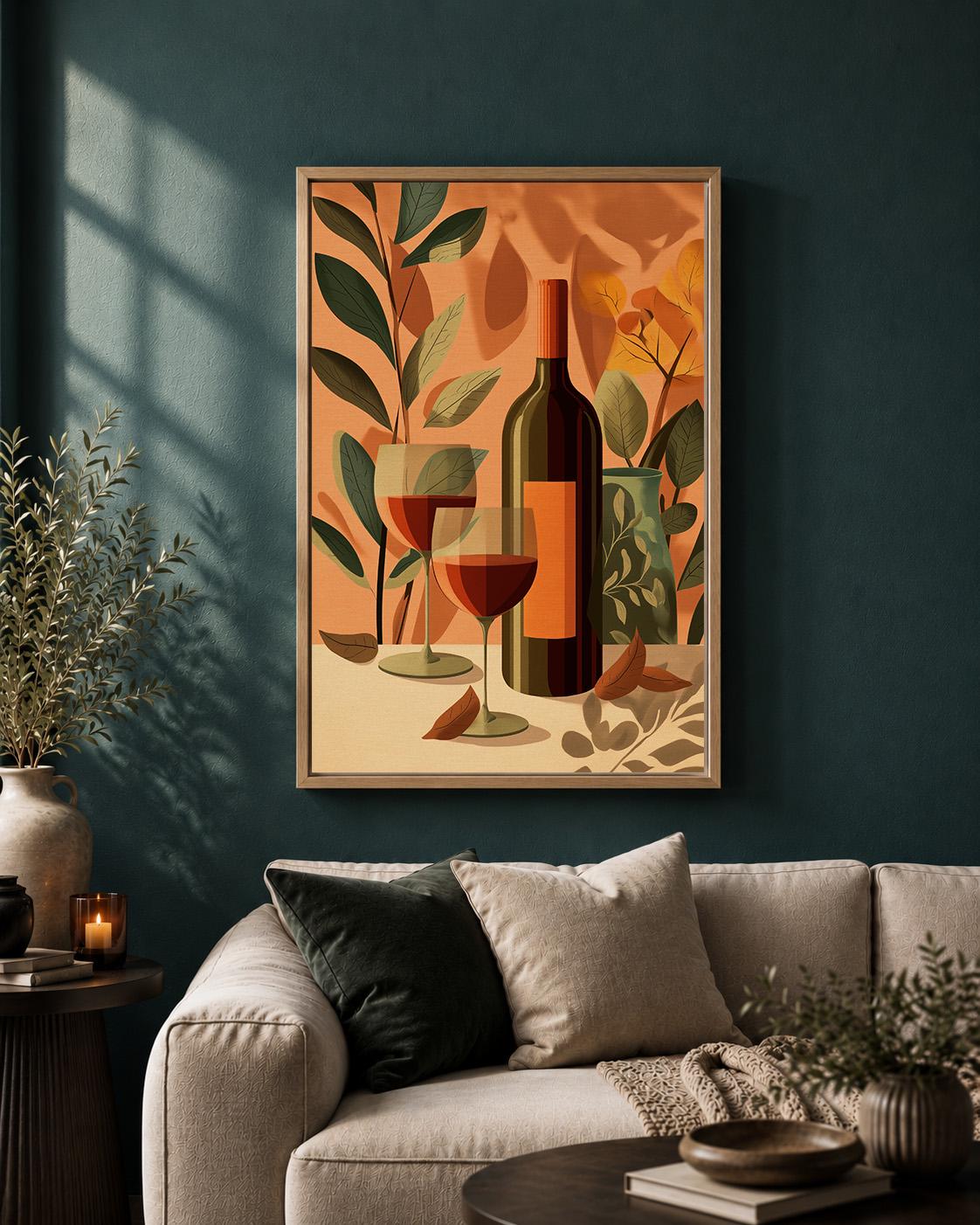 Autumn Wine Bottle Rustic Vineyard Floral Framed Canvas by The Wall Art Studio