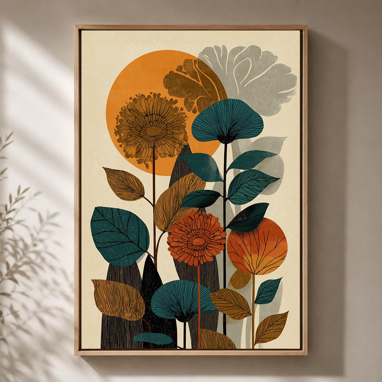 Mid Century Botanical Retro Floral Abstract Nature Framed Canvas by The Wall Art Studio