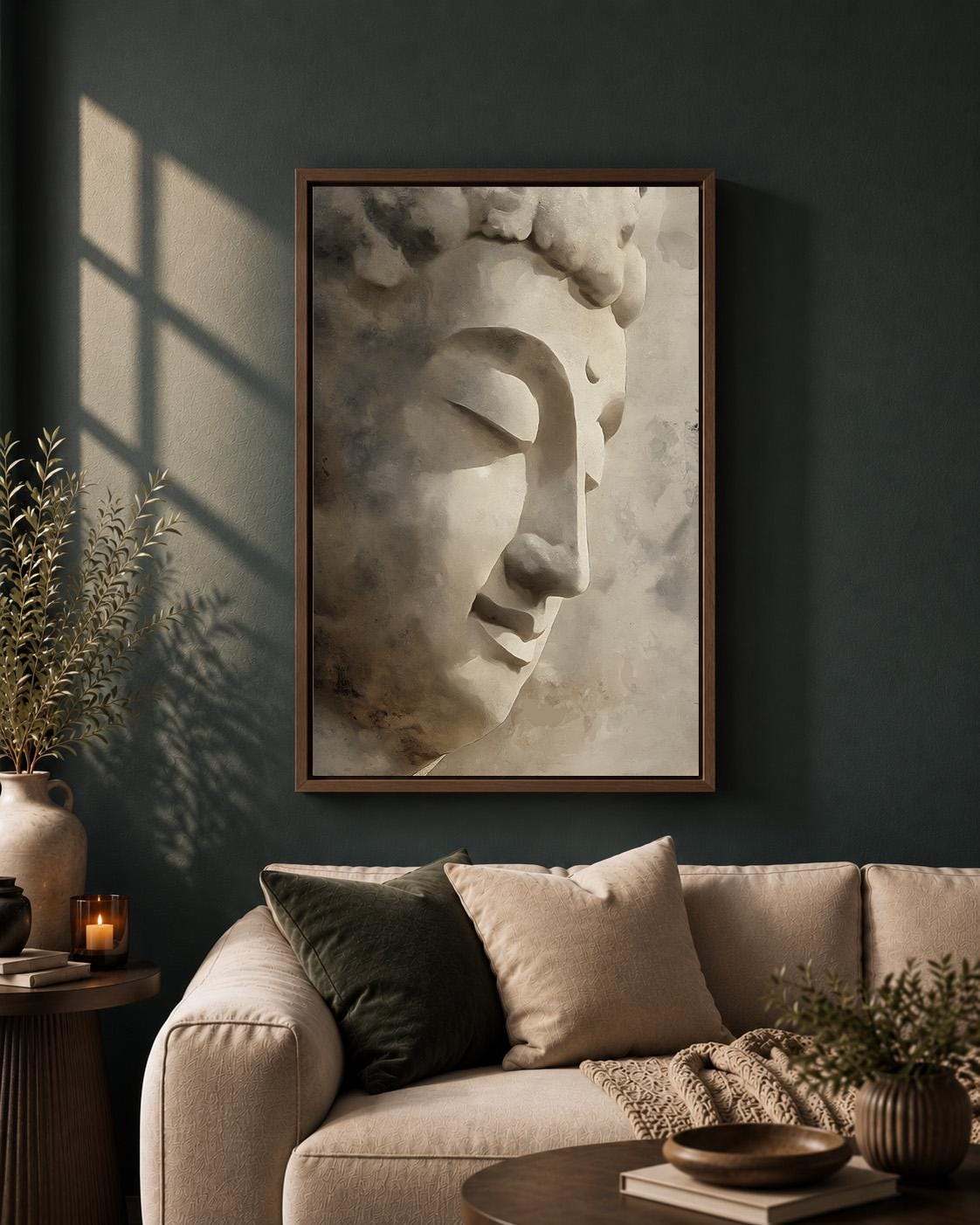 Neutral Zen Botanical Meditation Buddha Framed Canvas by The Wall Art Studio