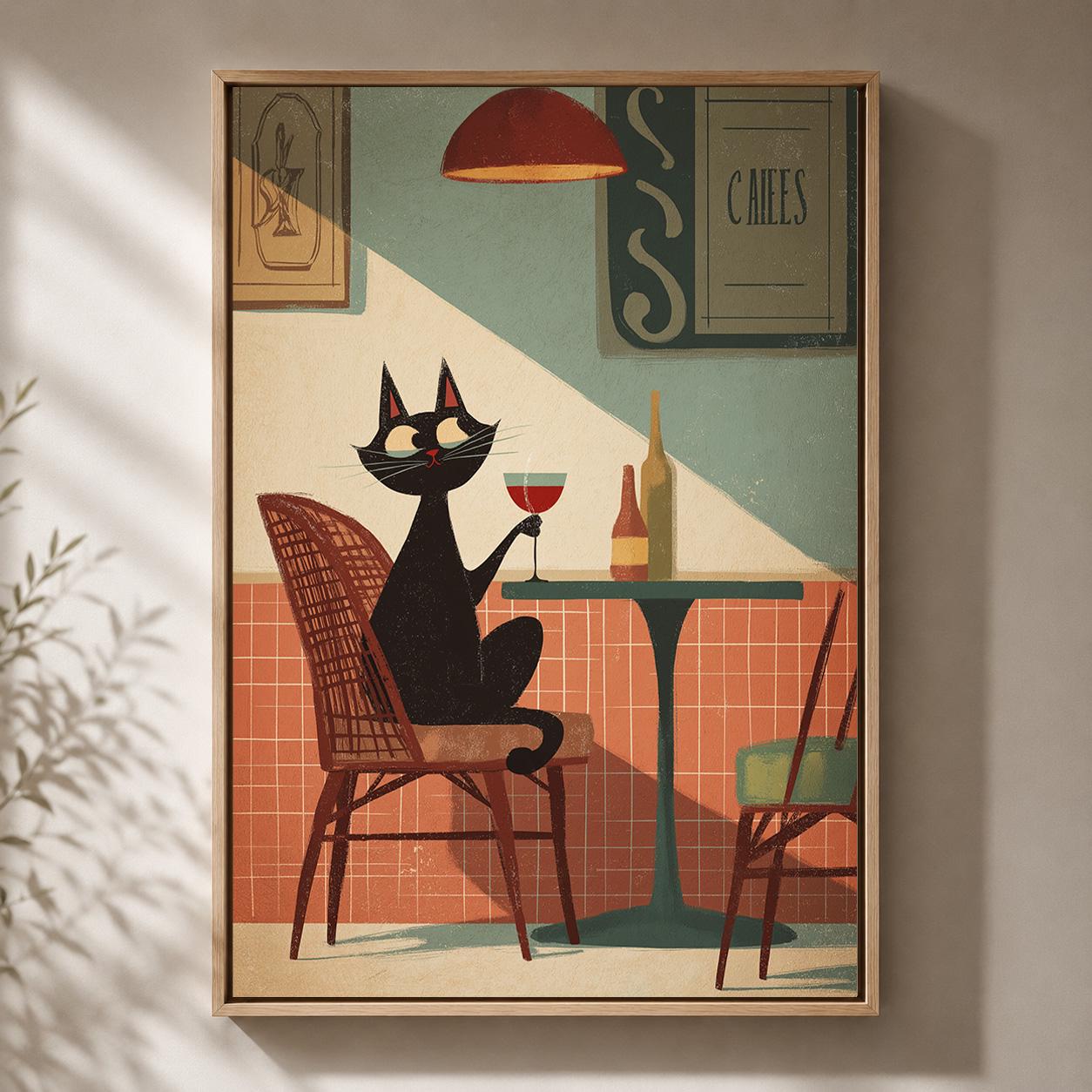 Black Cat Café Wine Lover Mid Century Framed Canvas by The Wall Art Studio