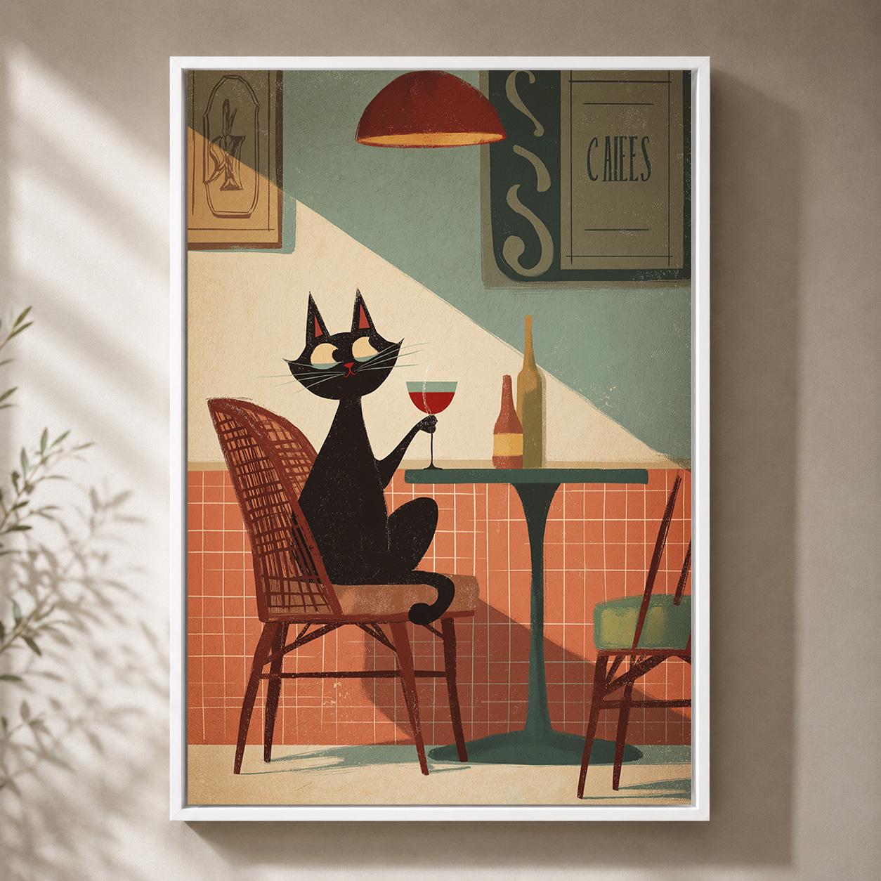 Black Cat Café Wine Lover Mid Century Framed Canvas by The Wall Art Studio