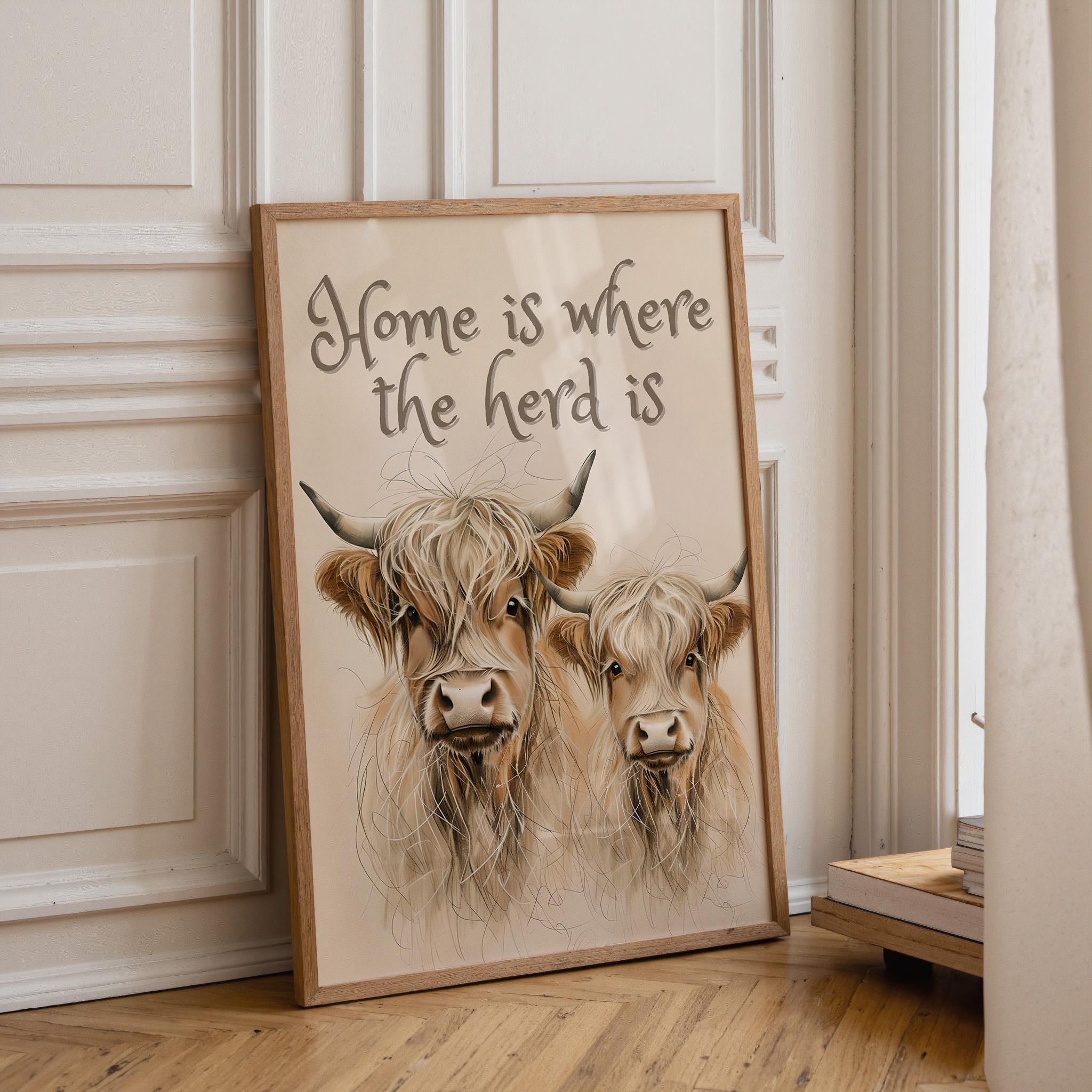 Highland Cow "Home is Where the Herd Is" Quote Wall Art by The Wall Art Studio - physical