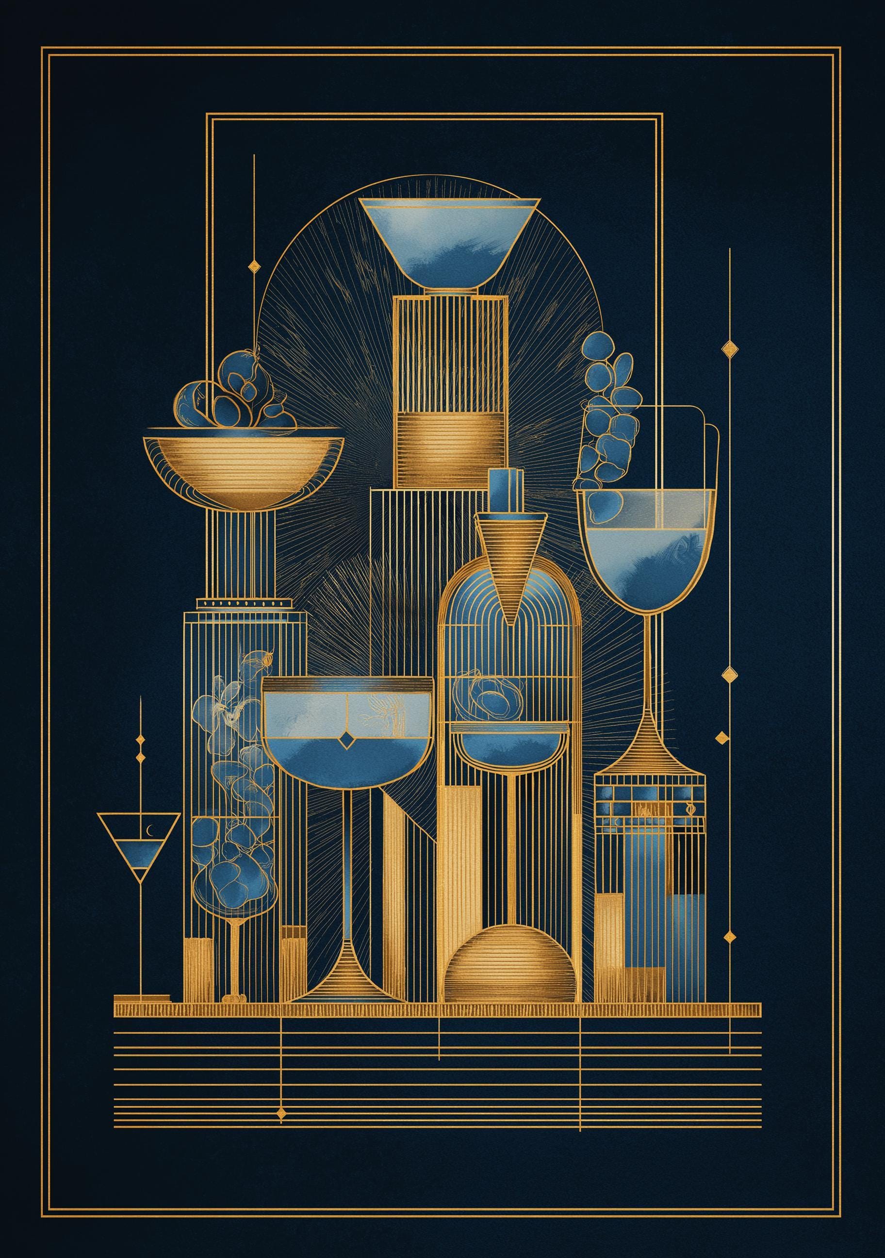 Art Deco Cocktail Wall Art Print, Minimalist Martini Illustration, Blue and Gold Bar Décor
