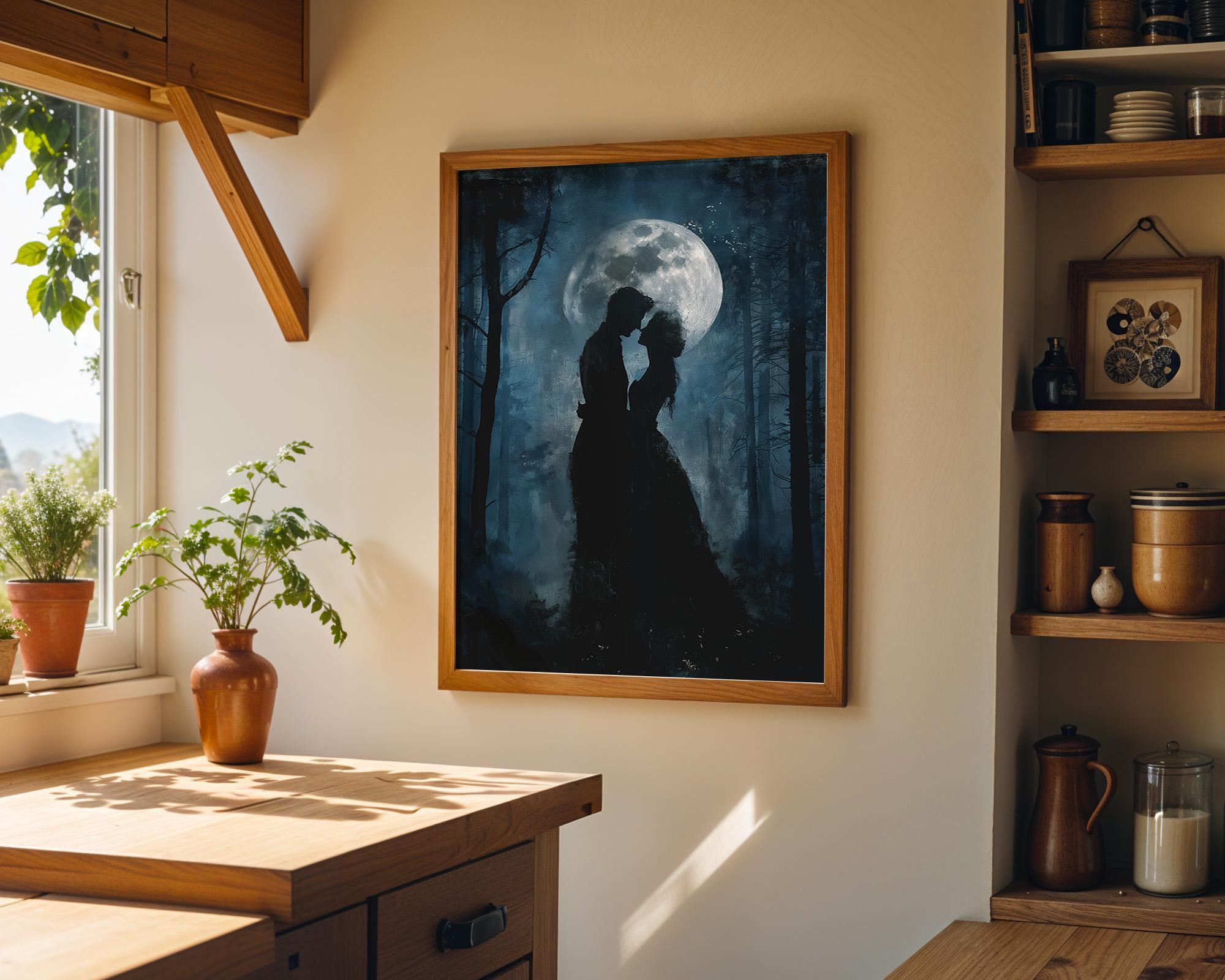 Gothic Moon Couple Dark Romantic Silhouette Moody Forest Night Wall Art by The Wall Art Studio
