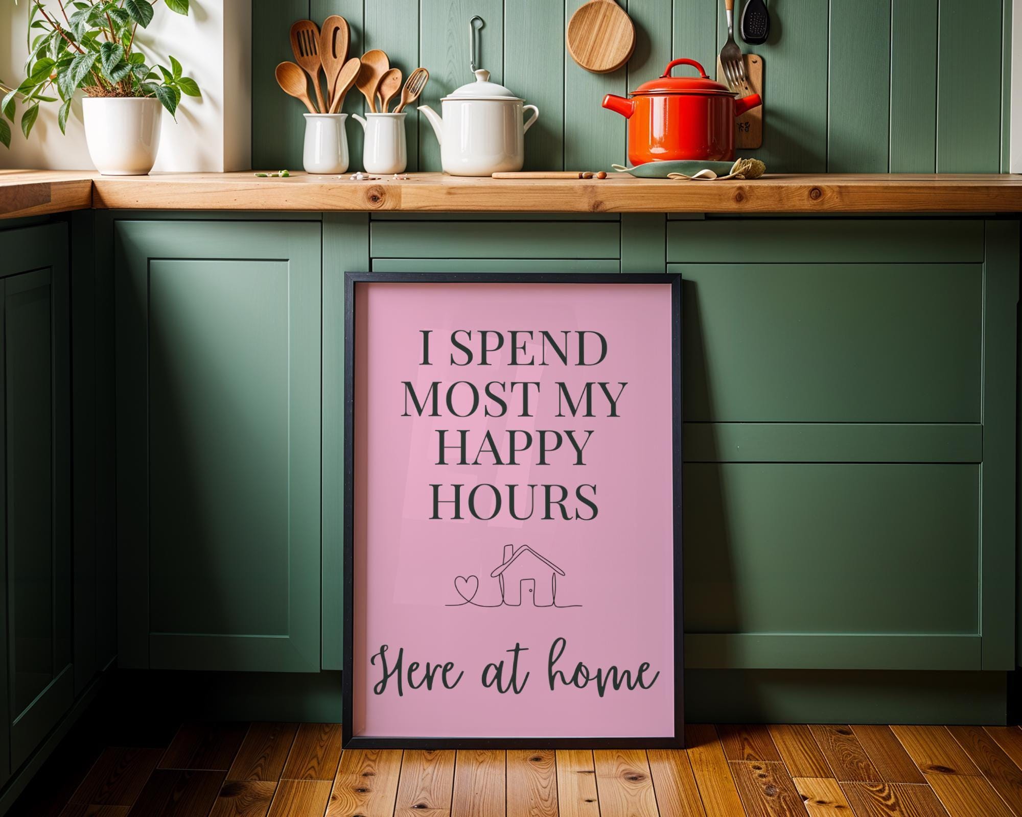 Pink Quote Wall Art "I Spend Most My Happy Hours Here at Home" by The Wall Art Studio