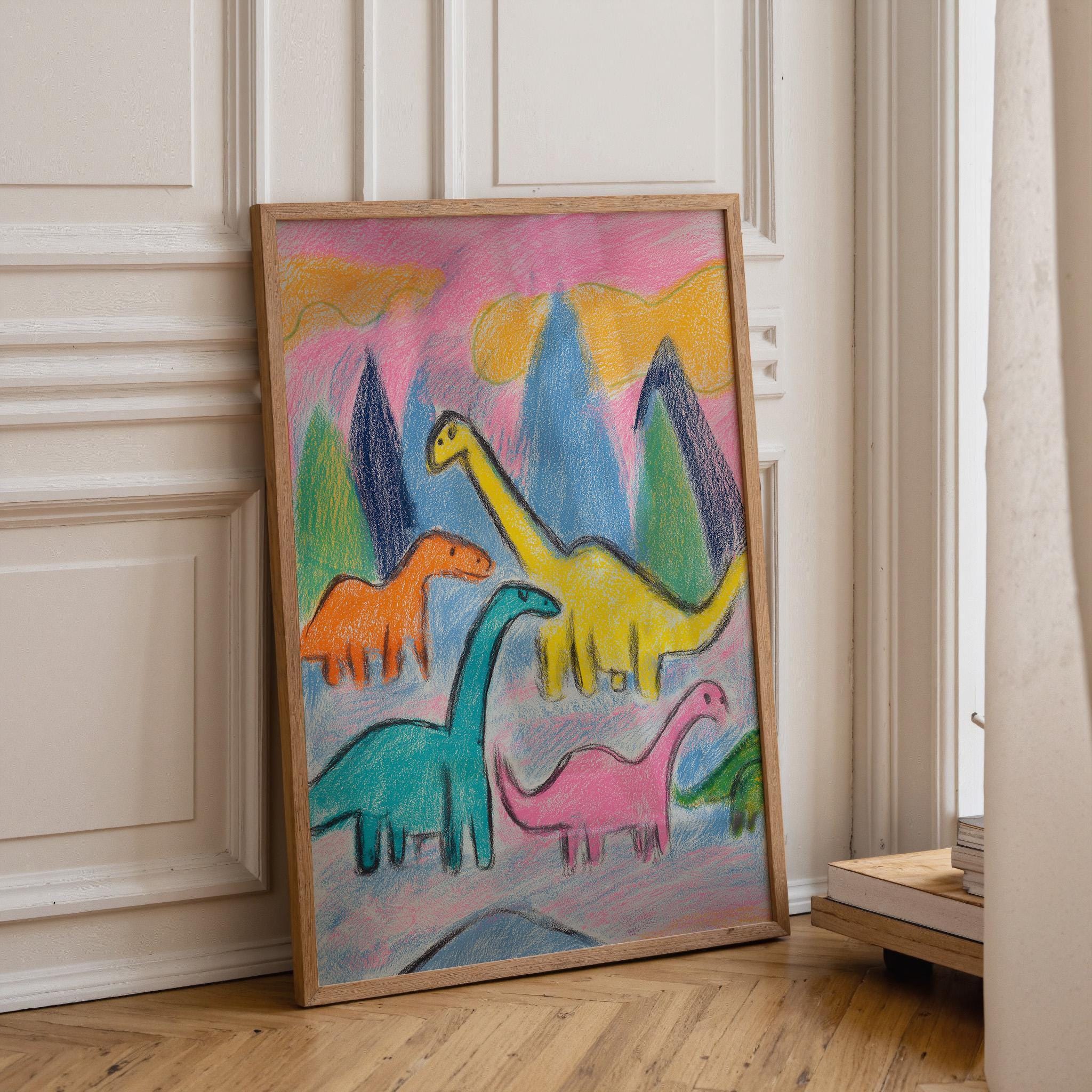 Kids Dinosaur Crayon Dino Drawing Colorful Nursery Playroom Wall Art by The Wall Art Studio