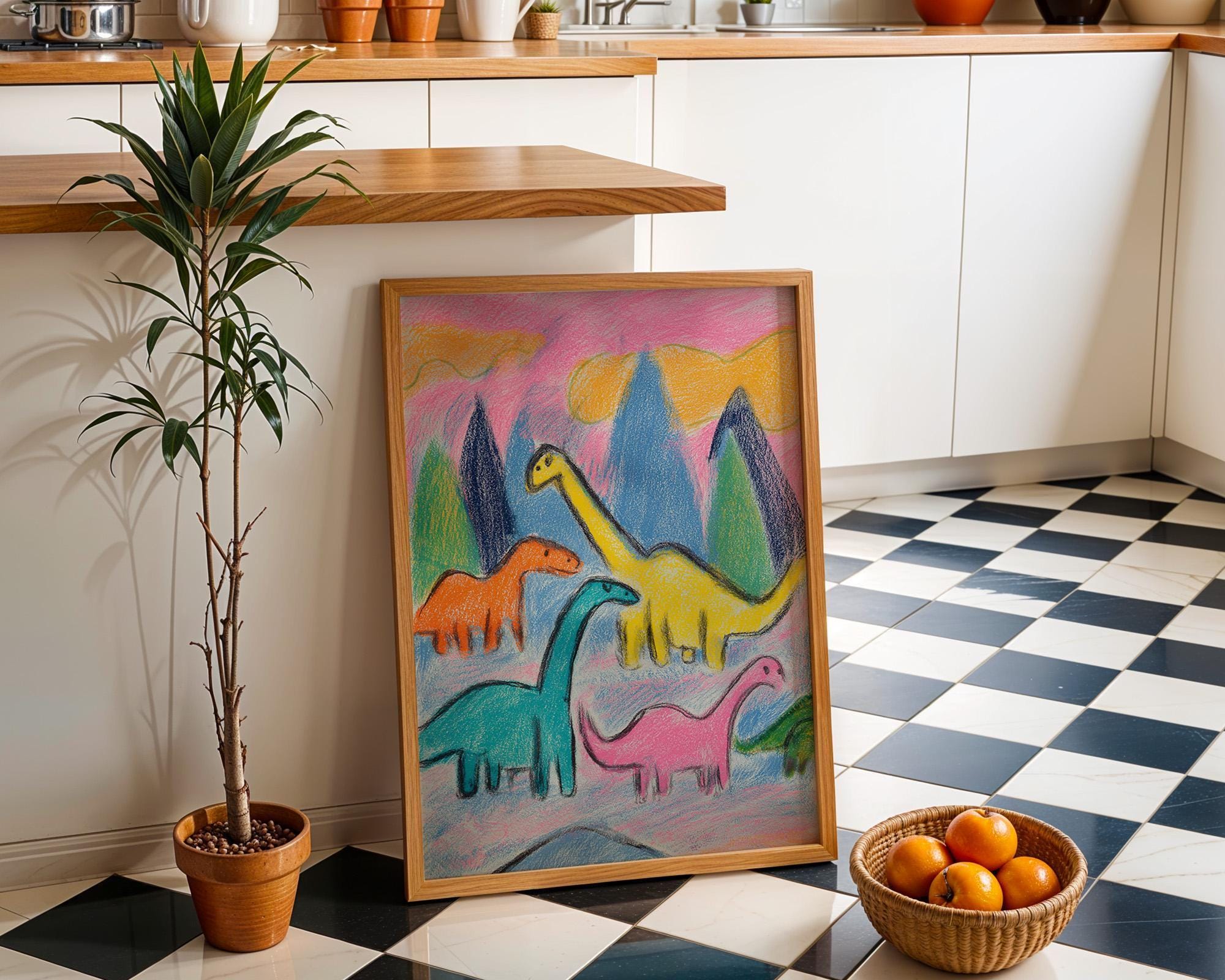 Kids Dinosaur Crayon Dino Drawing Colorful Nursery Playroom Wall Art by The Wall Art Studio
