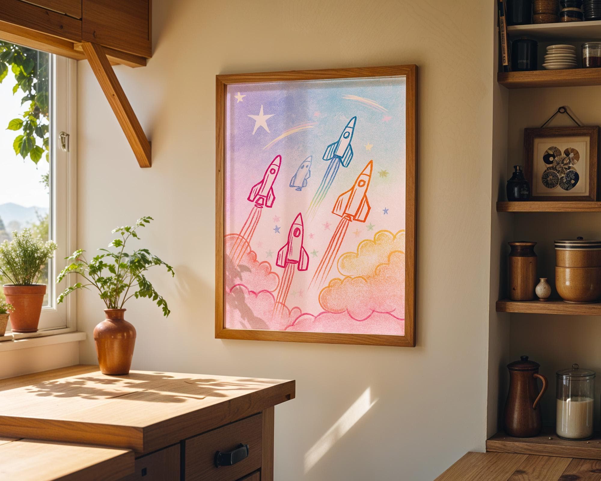 Rainbow Rocket Pastel Kids Space Nursery Wall Art by The Wall Art Studio
