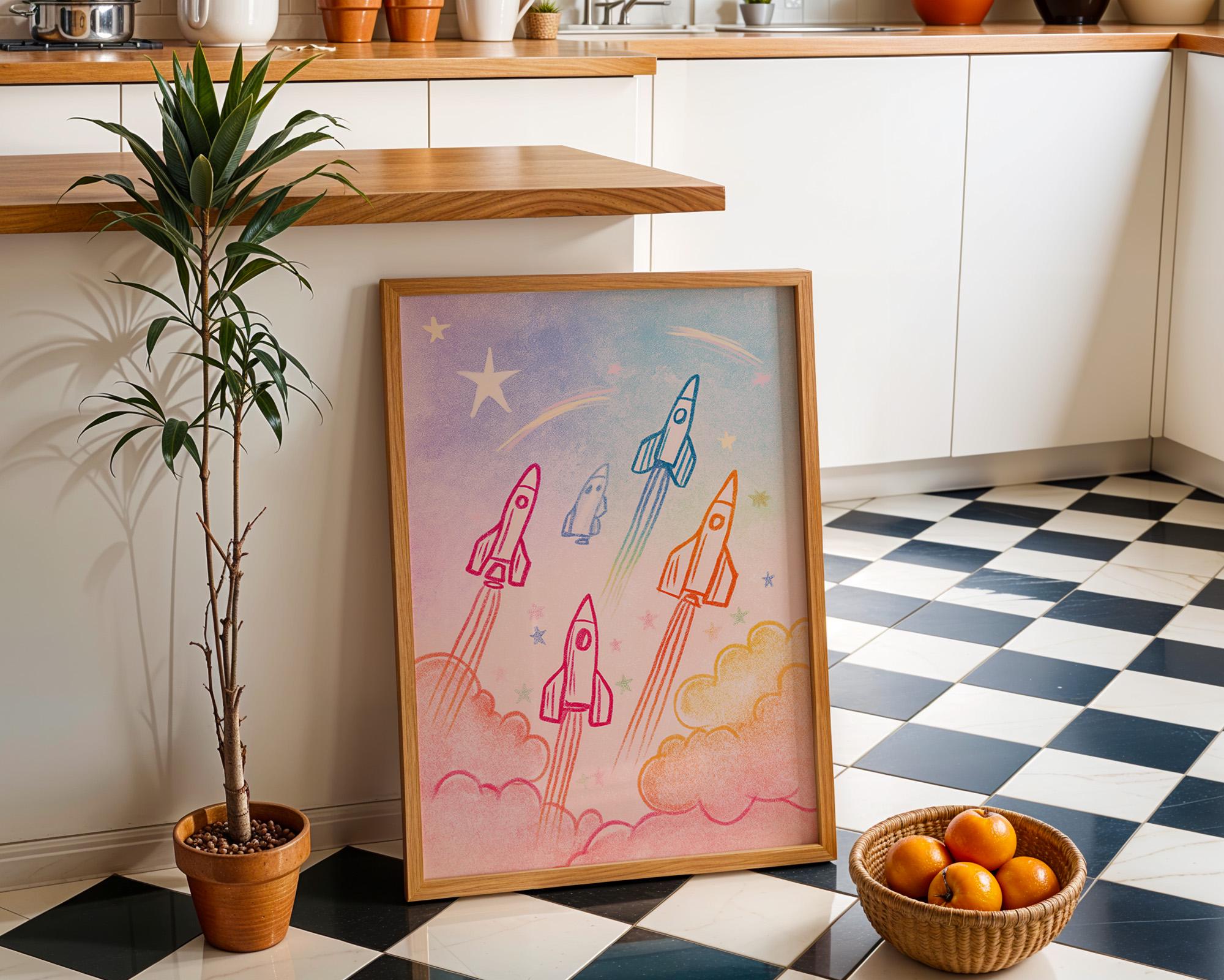 Rainbow Rocket Pastel Kids Space Nursery Wall Art by The Wall Art Studio
