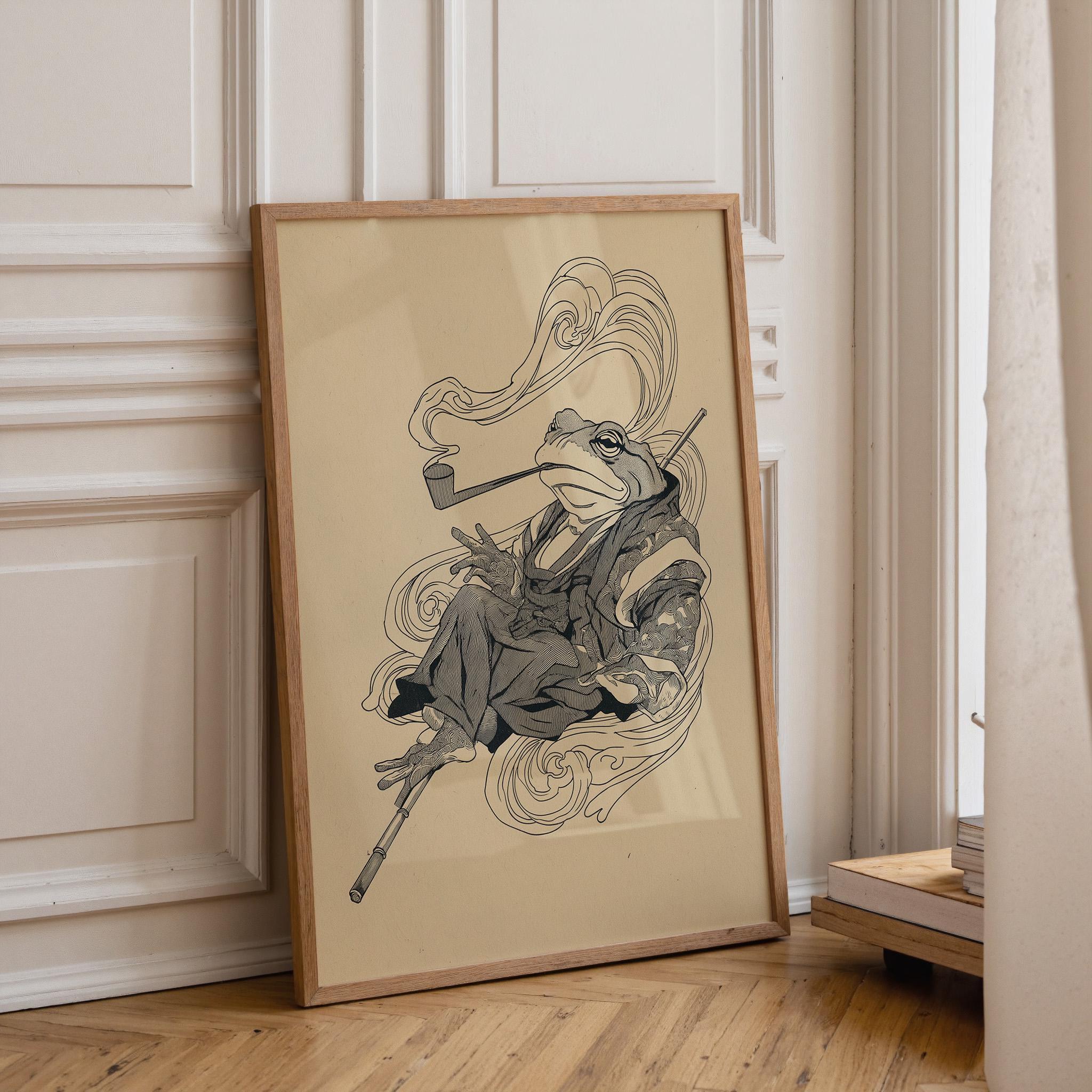 Japanese Whimsical Frog in Kimono Yokai-Inspired Asian Folklore Wall Art by The Wall Art Studio