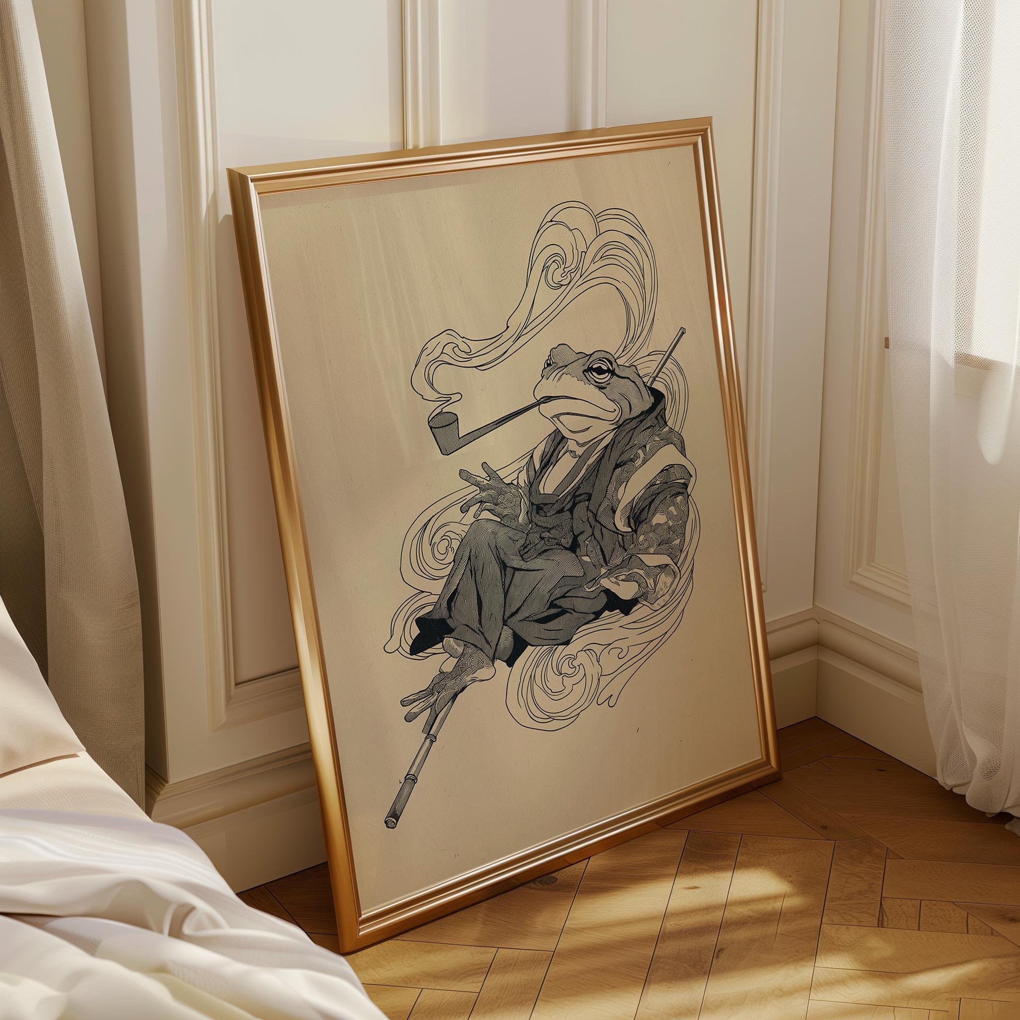 Japanese Whimsical Frog in Kimono Yokai-Inspired Asian Folklore Wall Art by The Wall Art Studio