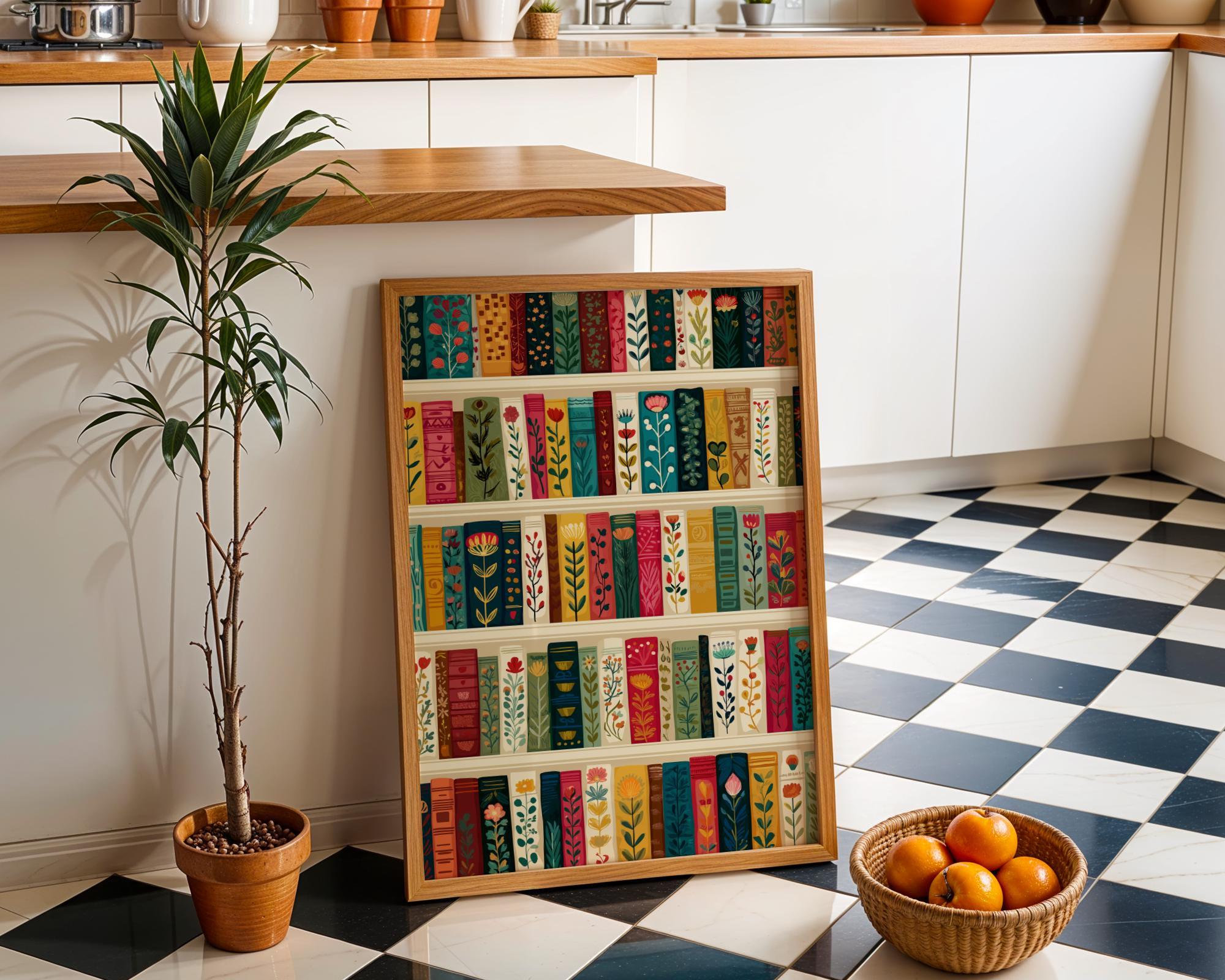 Floral Bookshelf Botanical Book Lover Whimsical Library Wall Art by The Wall Art Studio