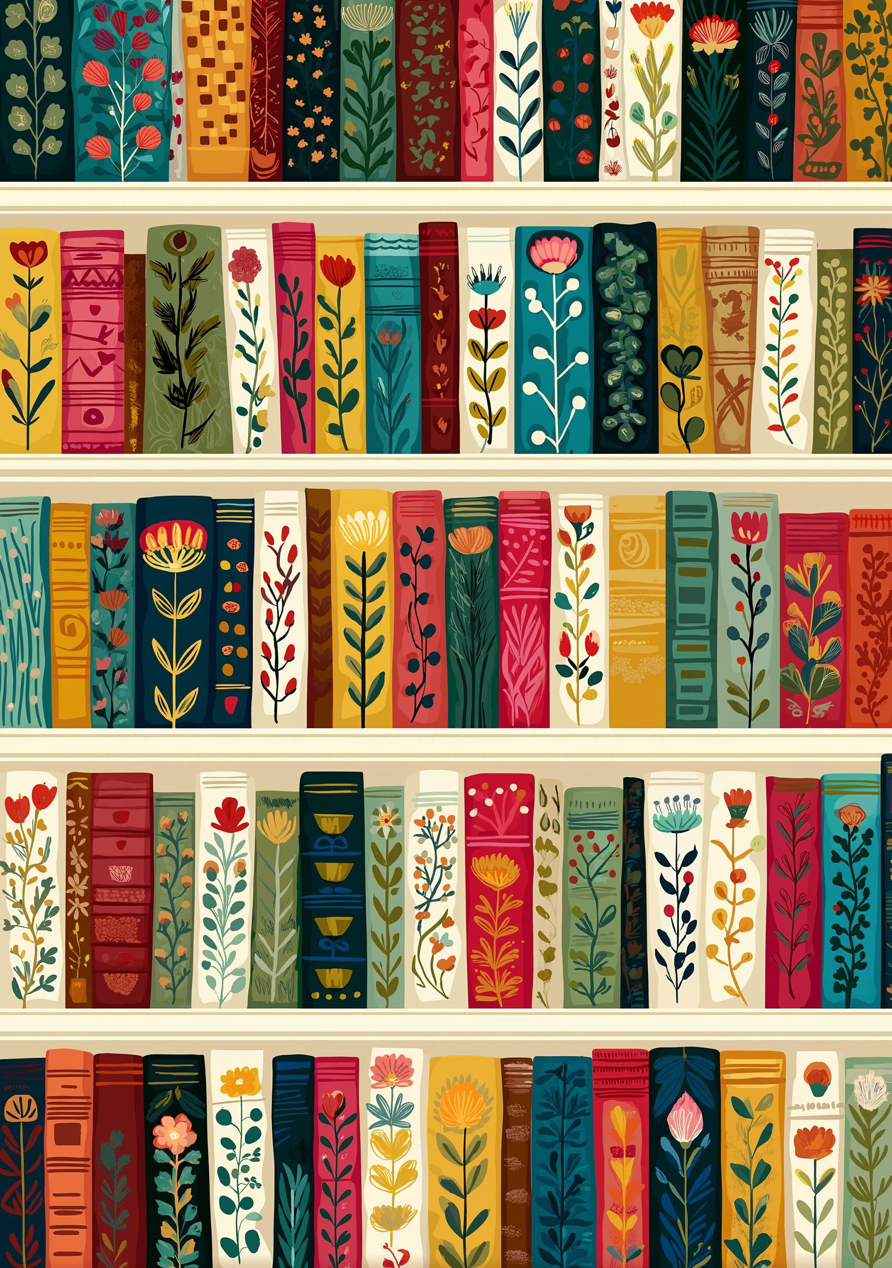 Floral Bookshelf Botanical Book Lover Whimsical Library Wall Art by The Wall Art Studio