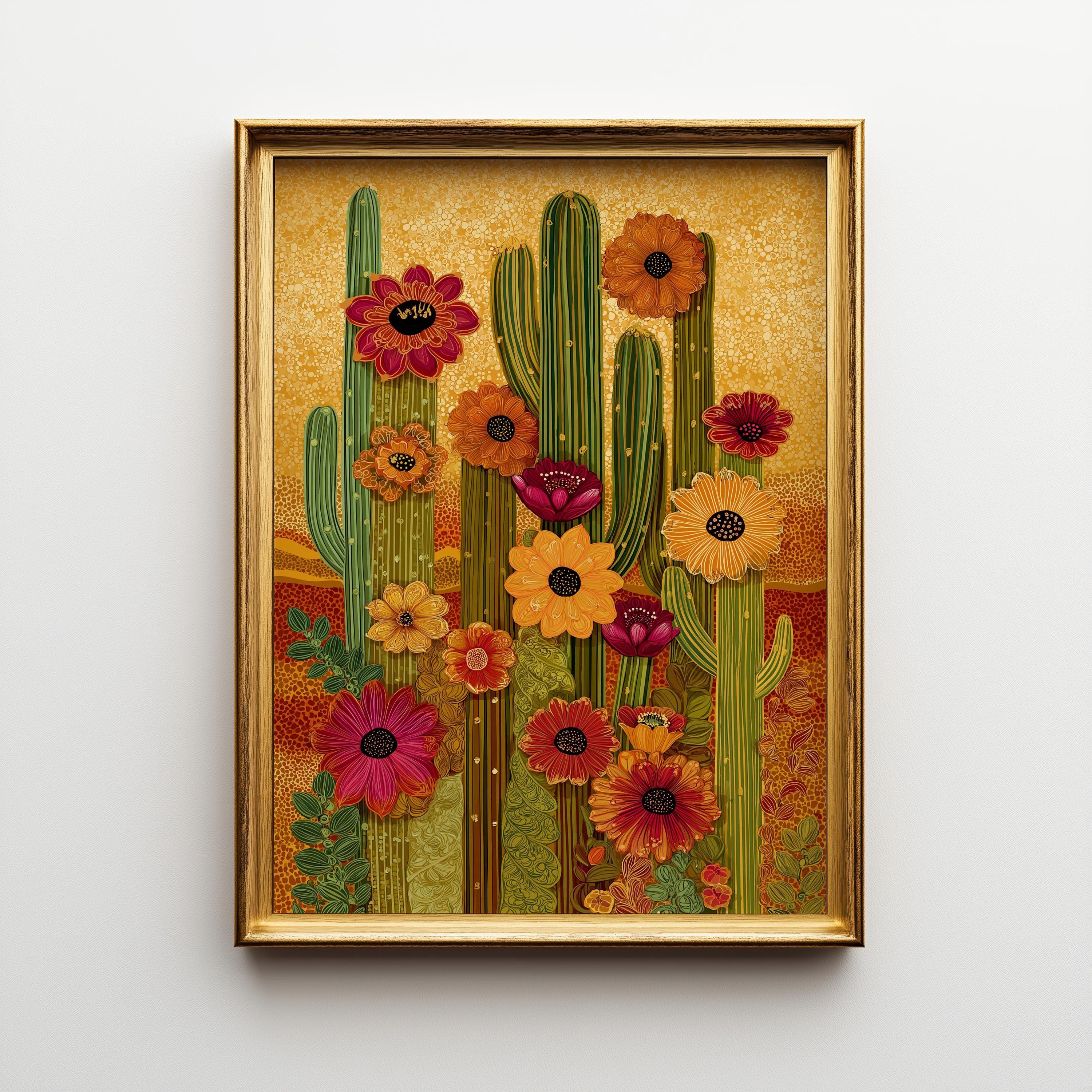 Boho Cactus Warm Desert Floral Southwestern Golden Sunset Wall Art