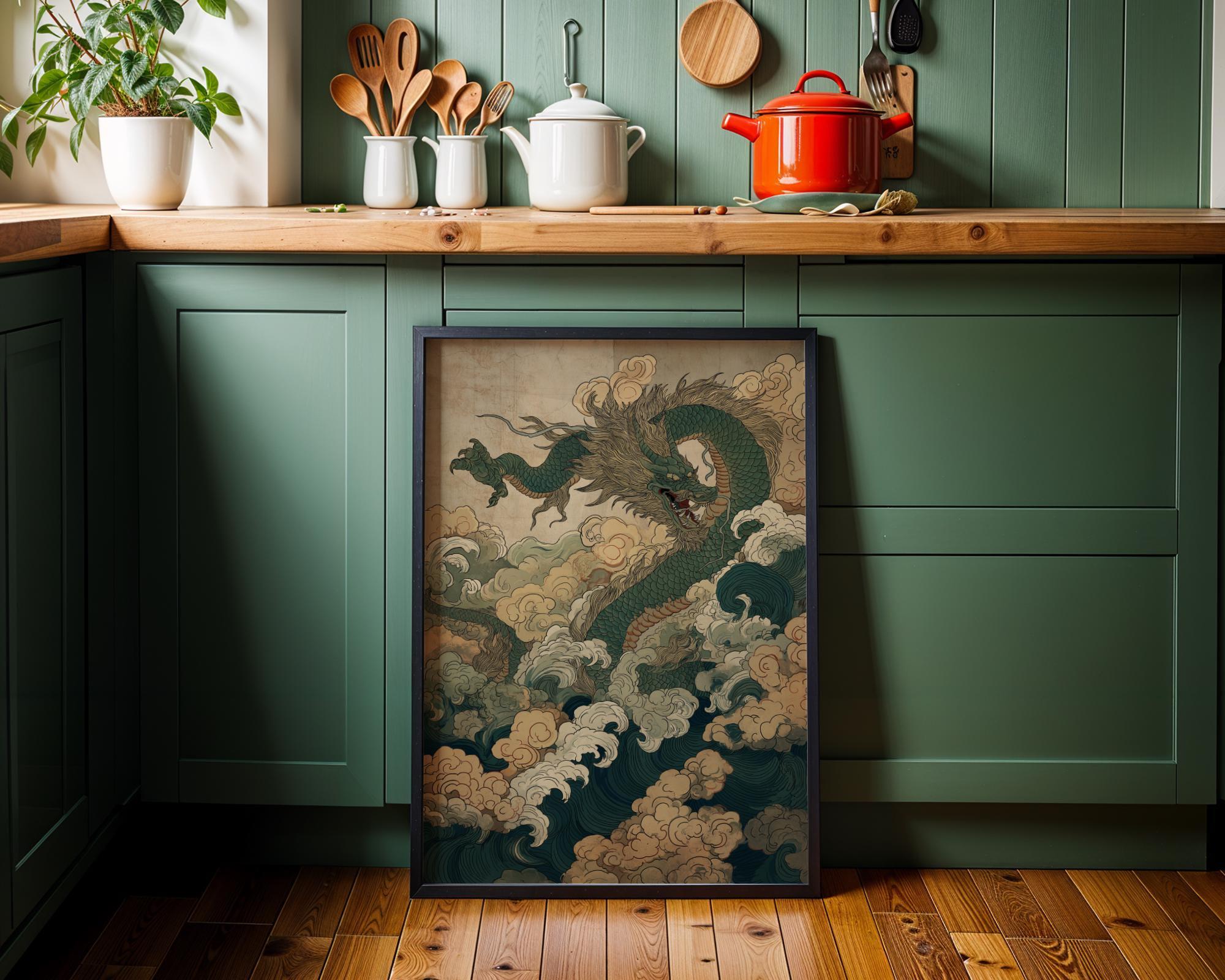 Oriental Dragon Japanese Chinese Mythical Creature Vintage Ink Style Wall Art