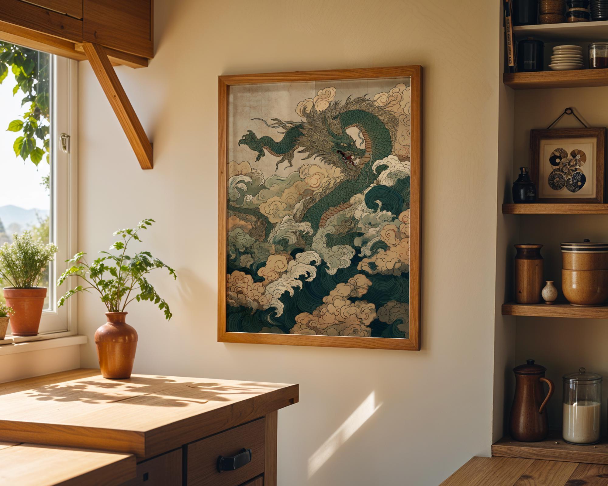 Oriental Dragon Japanese Chinese Mythical Creature Vintage Ink Style Wall Art