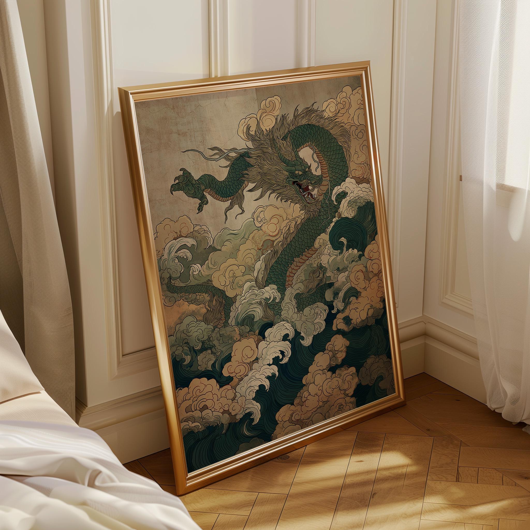 Oriental Dragon Japanese Chinese Mythical Creature Vintage Ink Style Wall Art