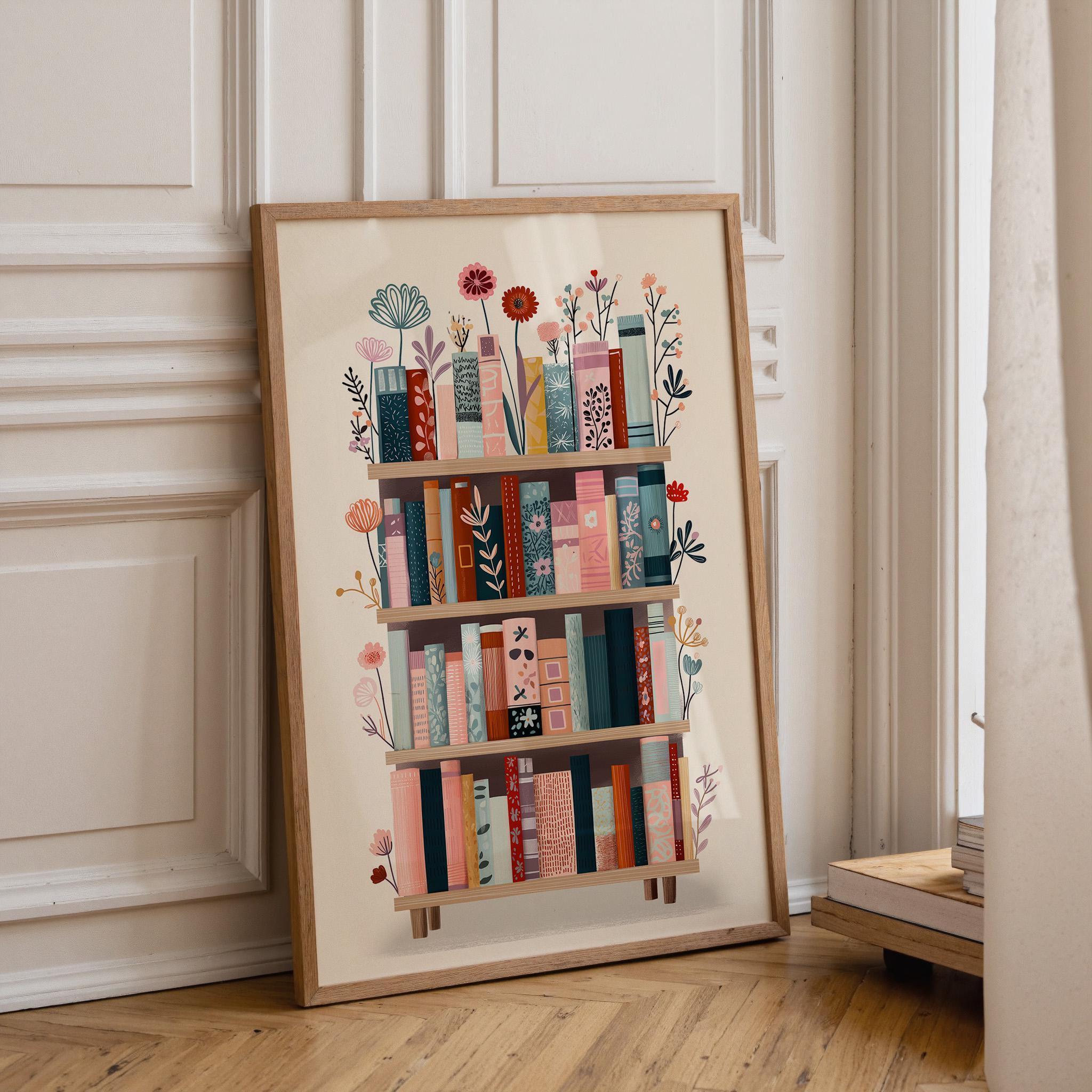 Botanical Book Lover Décor Floral Bookshelf Library Wall Art by The Wall Art Studio