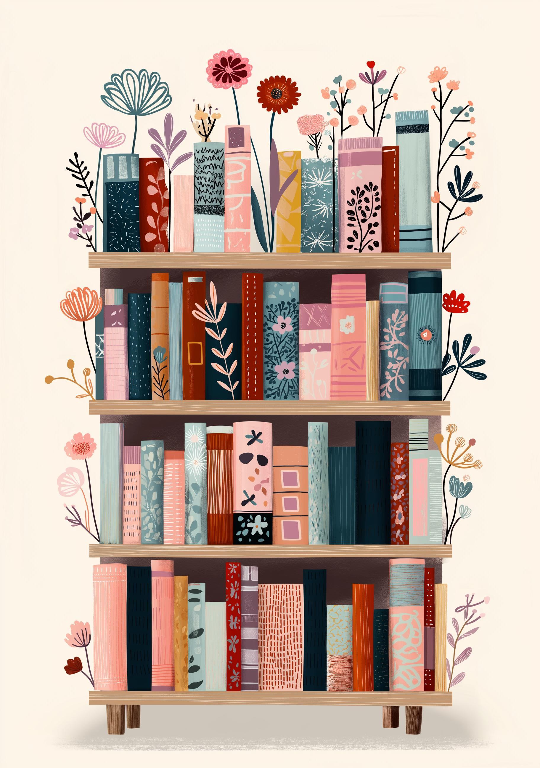 Botanical Book Lover Décor Floral Bookshelf Library Wall Art by The Wall Art Studio