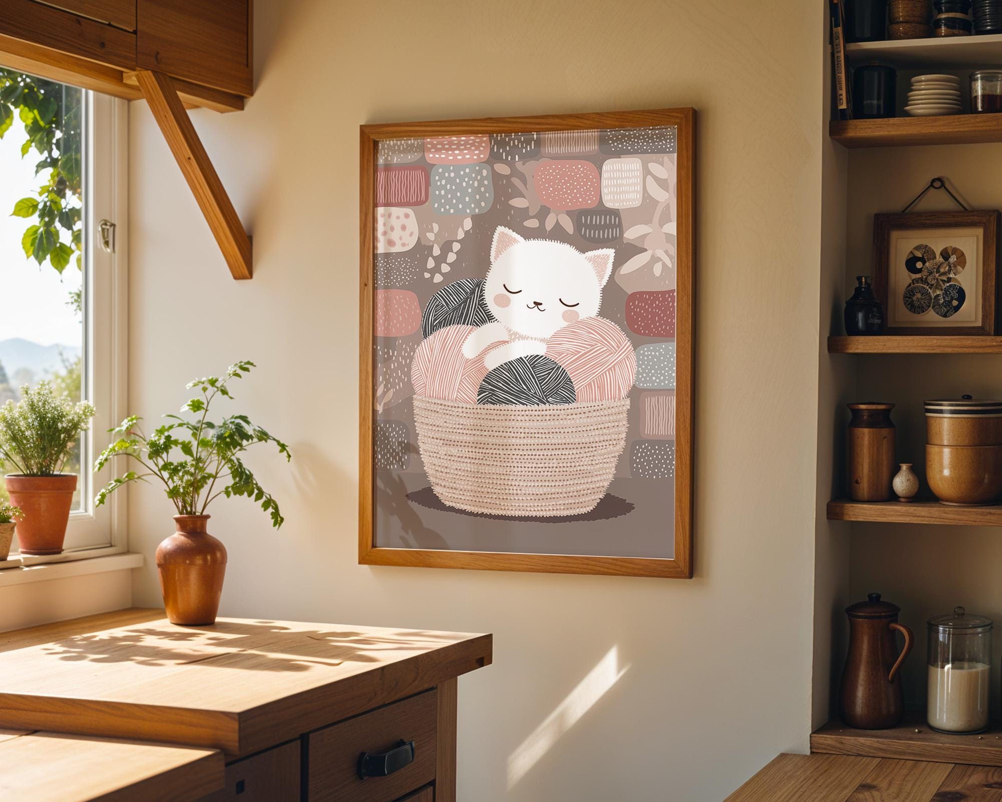 Kitten in Yarn Basket Knitting Cat Cozy Nursery Wall Art by The Wall Art Studio