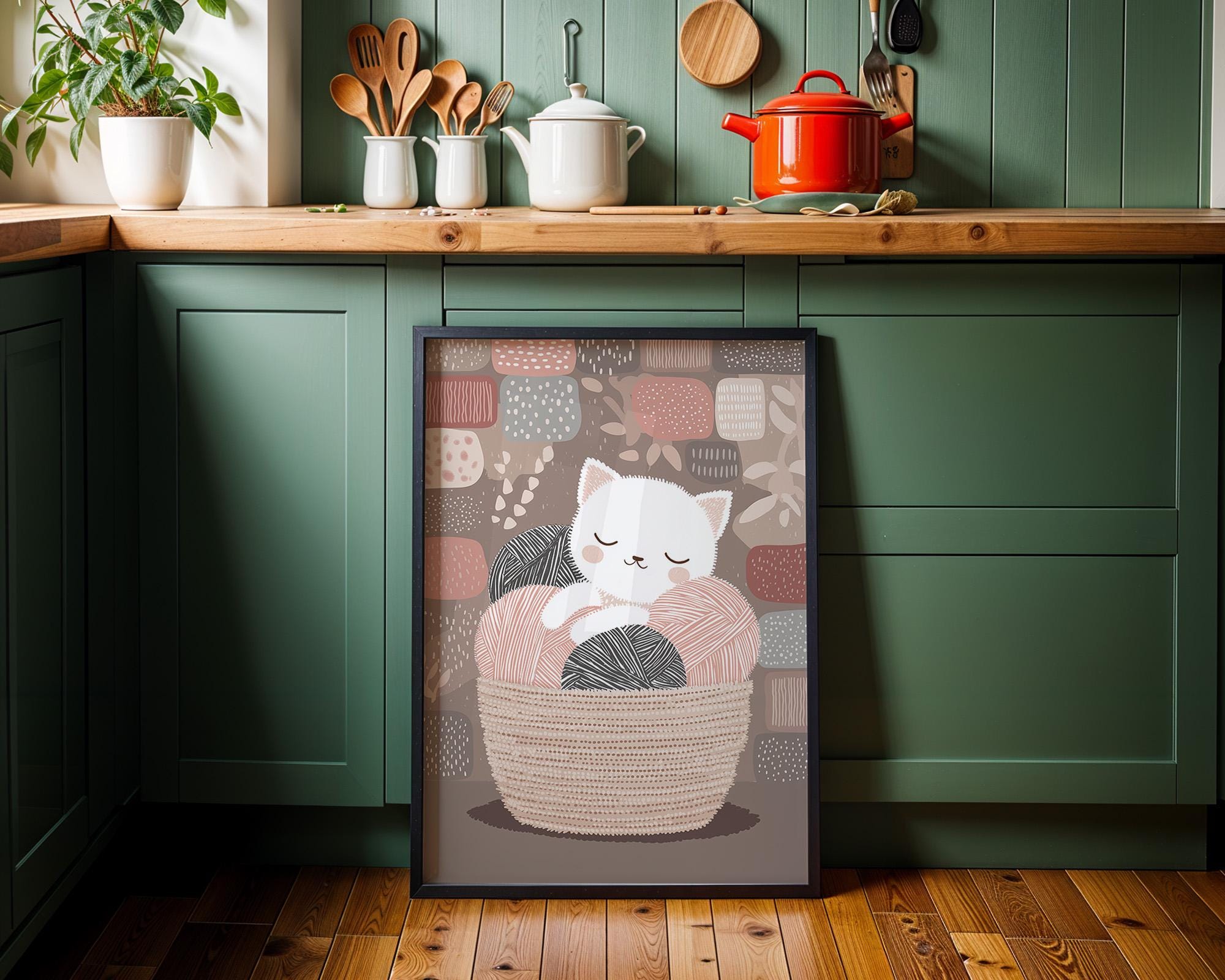 Kitten in Yarn Basket Knitting Cat Cozy Nursery Wall Art by The Wall Art Studio
