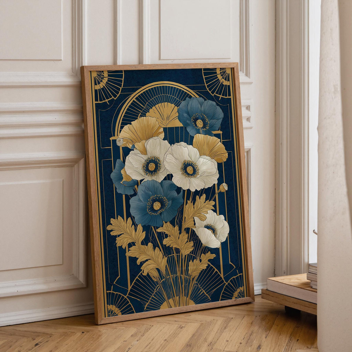 Navy Blue and Gold Art Deco Floral Wall Art by The Wall Art Studio