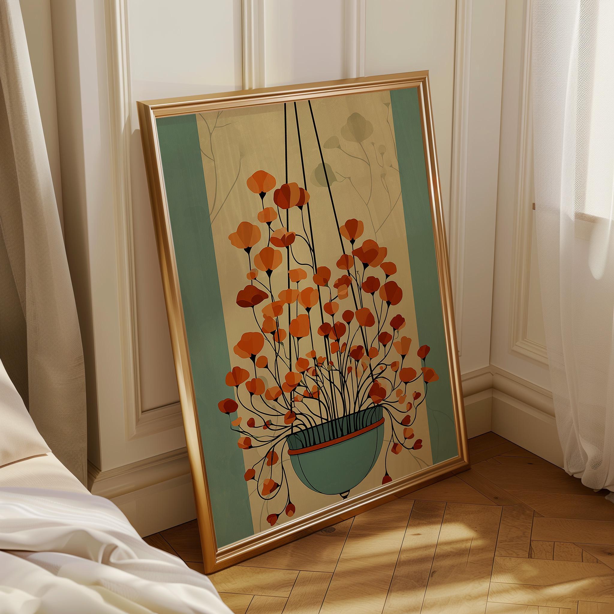 Mid Century Hanging Plant Retro Orange Floral Wall Art