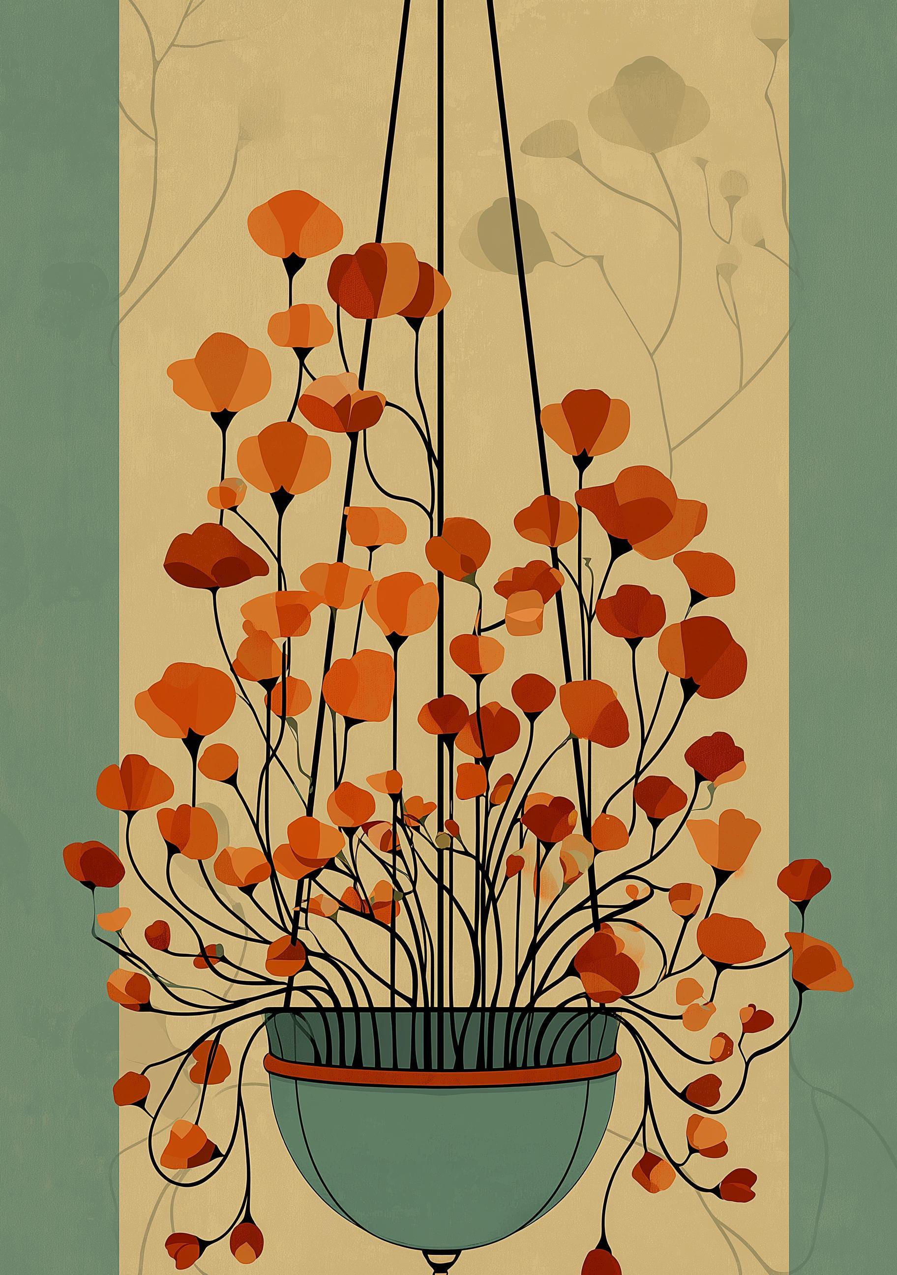 Mid Century Hanging Plant Retro Orange Floral Wall Art