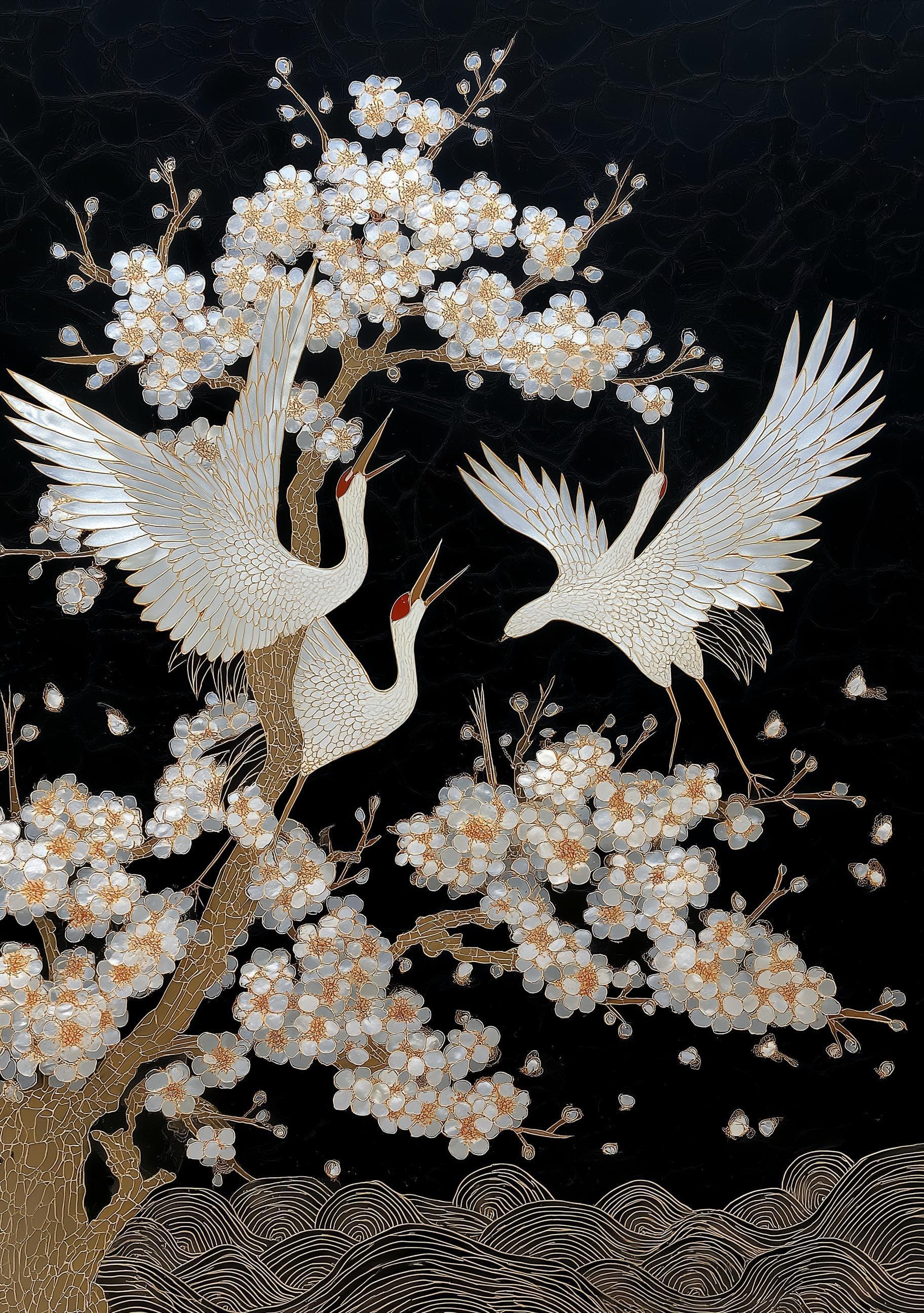 Japanese Crane Cherry Blossom Bird Elegant Oriental Mother of Pearl Style Wall Art