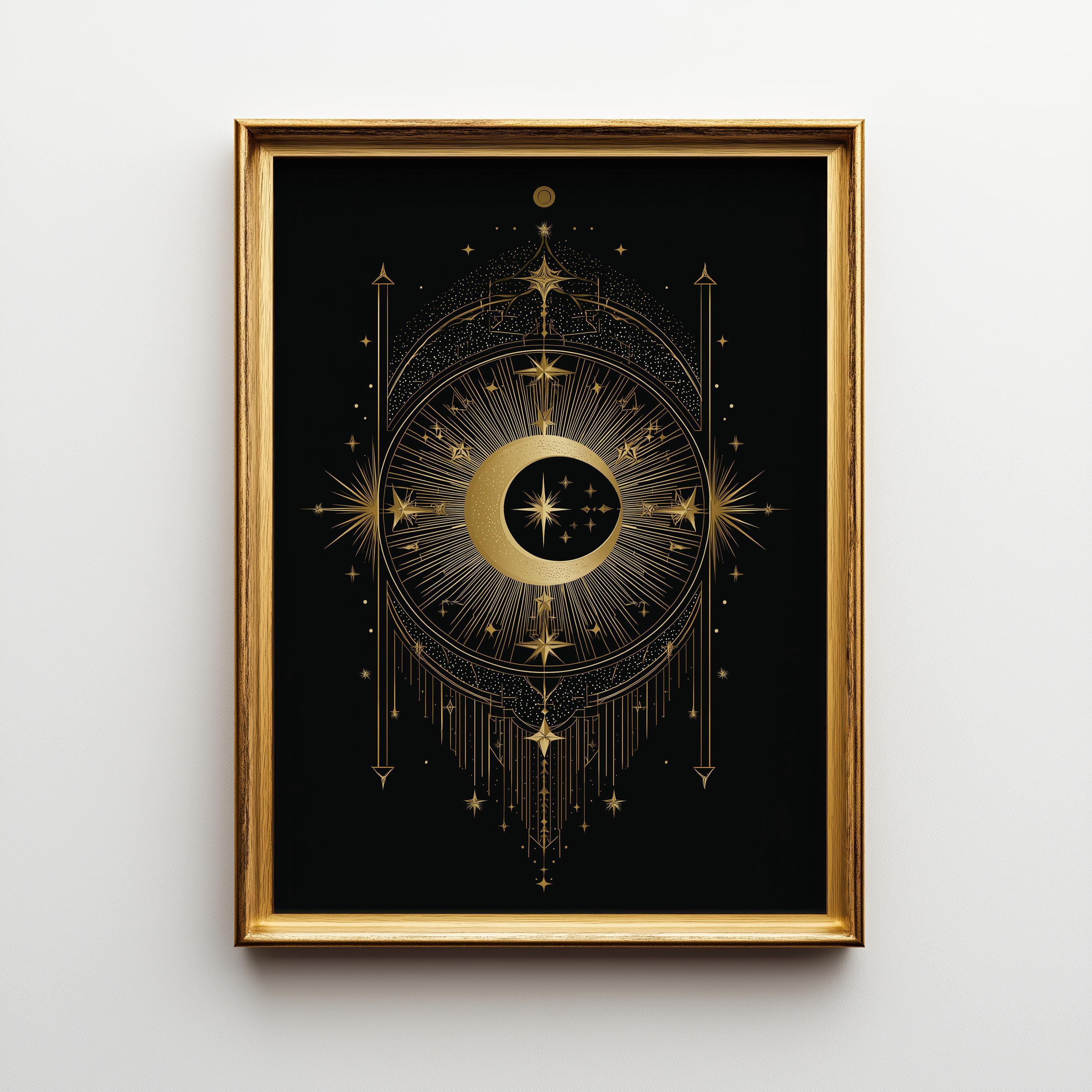 Black & Gold Moon Celestial Astrology Boho Wall Art by The Wall Art Studio