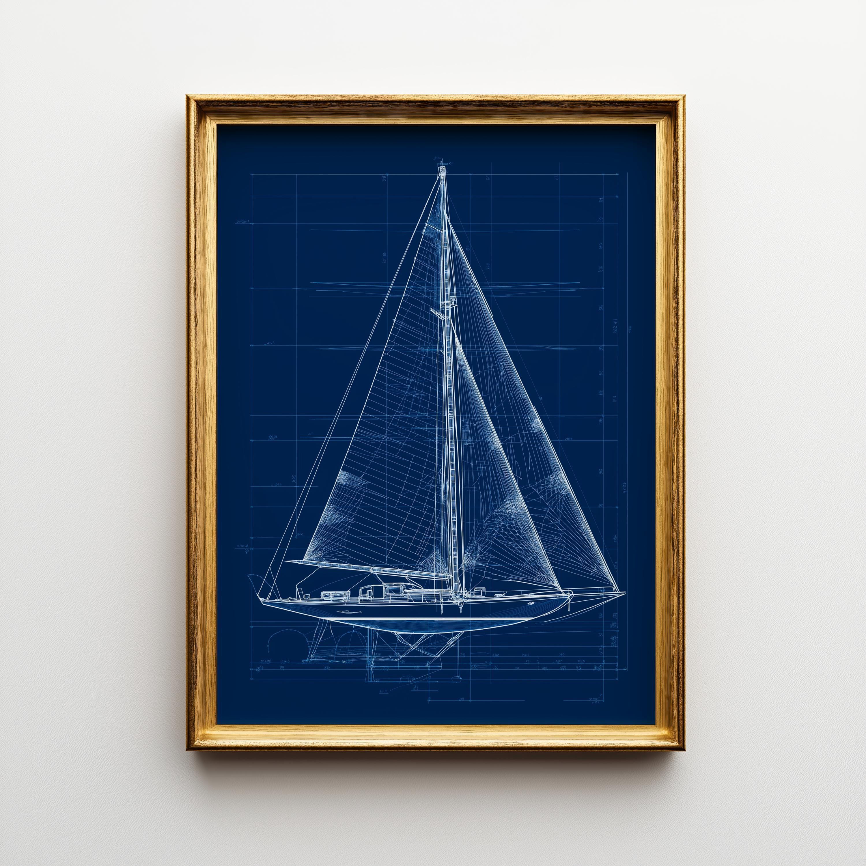 Nautical Blueprint Sailboat Technical Drawing Ship Plan Maritime Wall Art by The Wall Art Studio