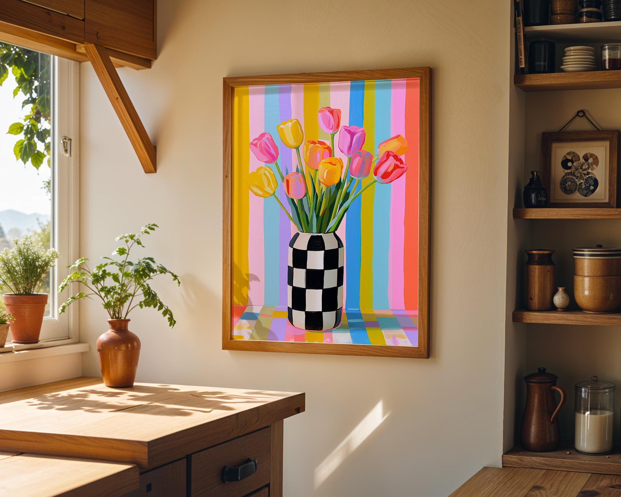 Pastel Tulip Vase Checkered Modern Floral Wall Art