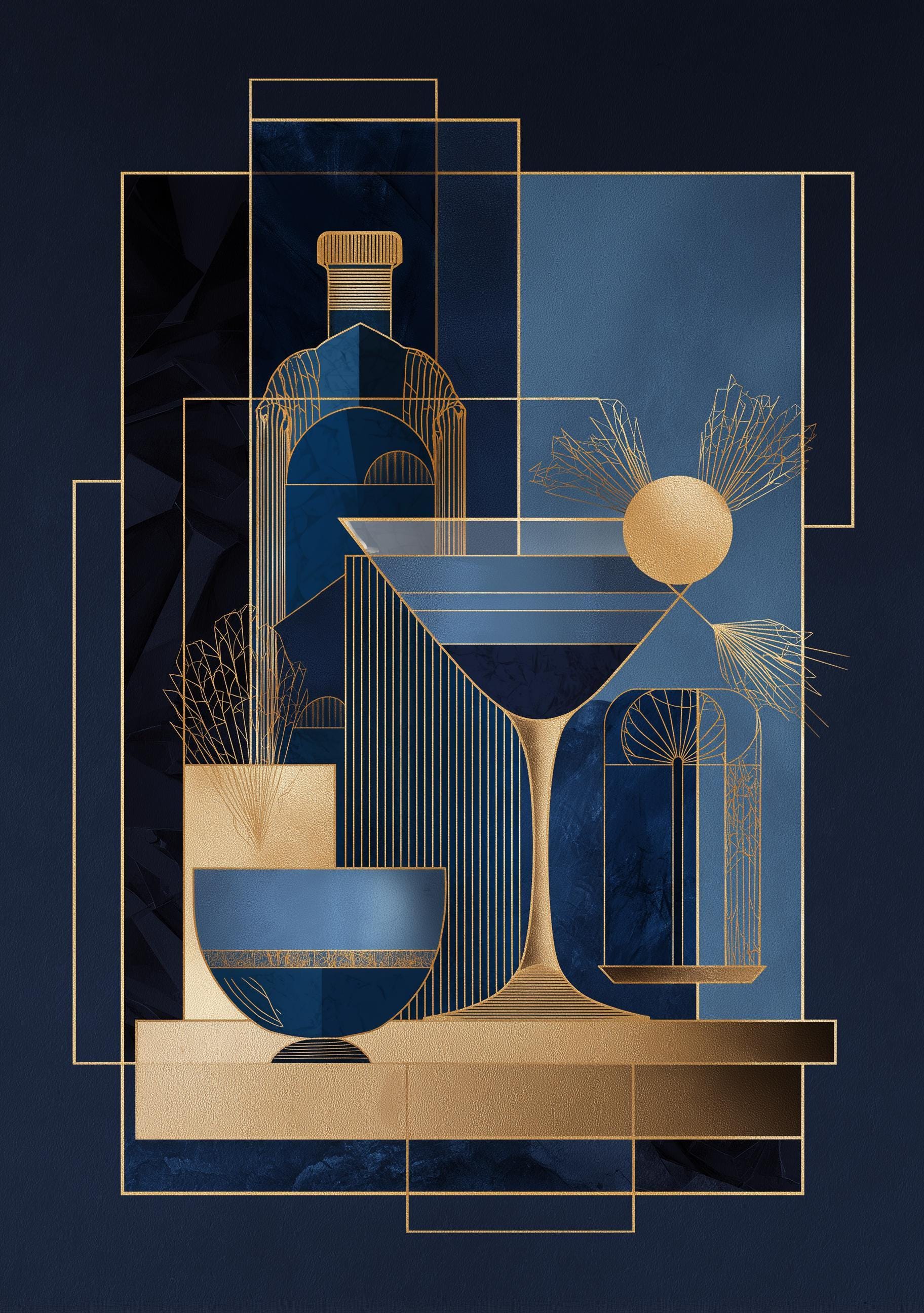 Minimalist Martini Blue & Gold Art Deco Cocktail Wall Art by The Wall Art Studio