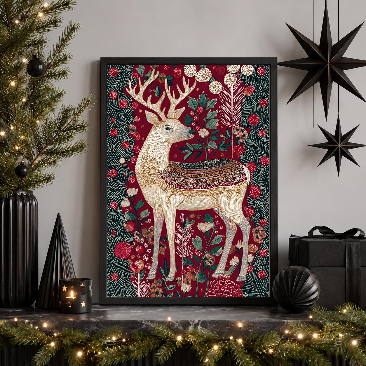 Scandinavian Reindeer Christmas Nordic Folk Botanical Holiday Wall Art by The Wall Art Studio