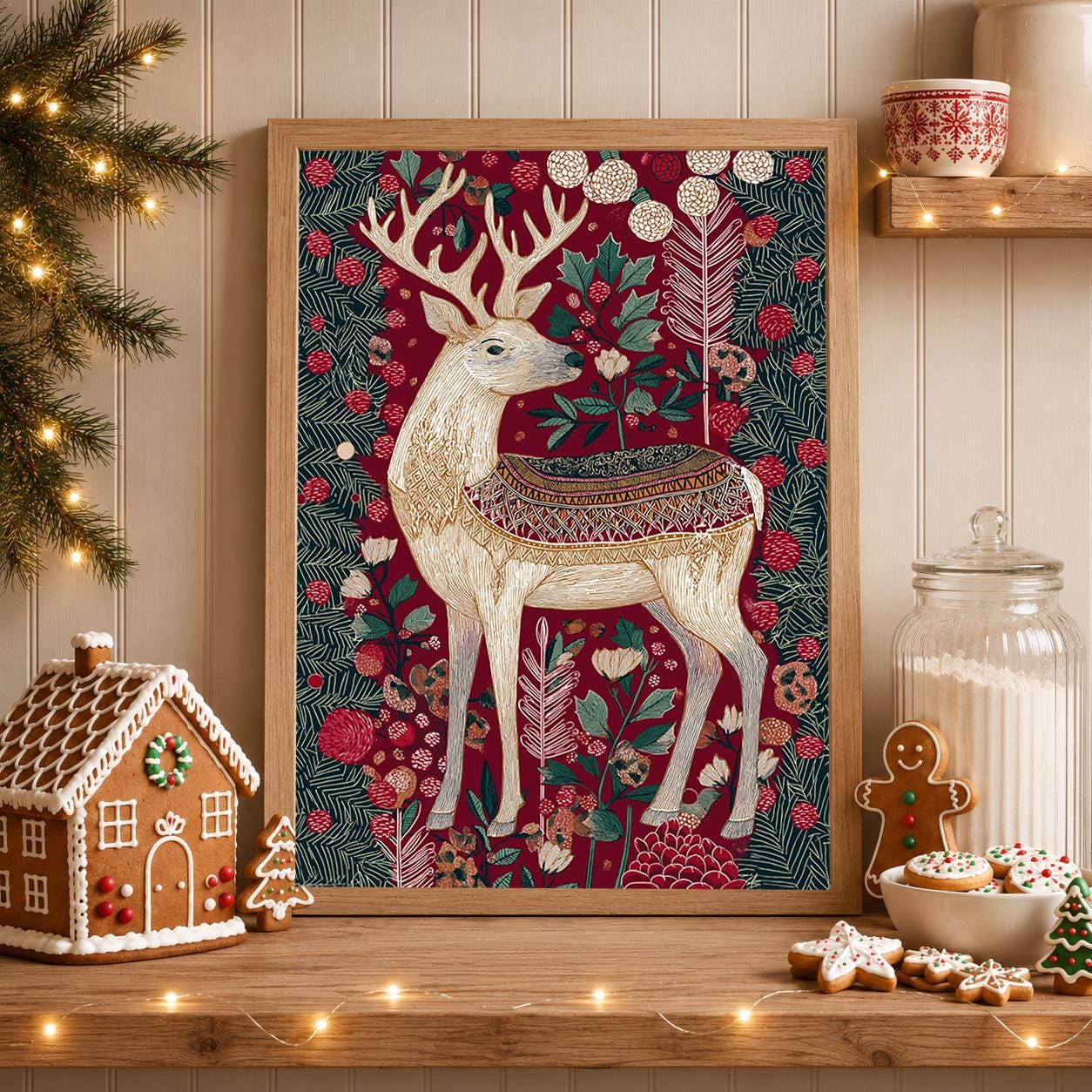 Scandinavian Reindeer Christmas Nordic Folk Botanical Holiday Wall Art by The Wall Art Studio
