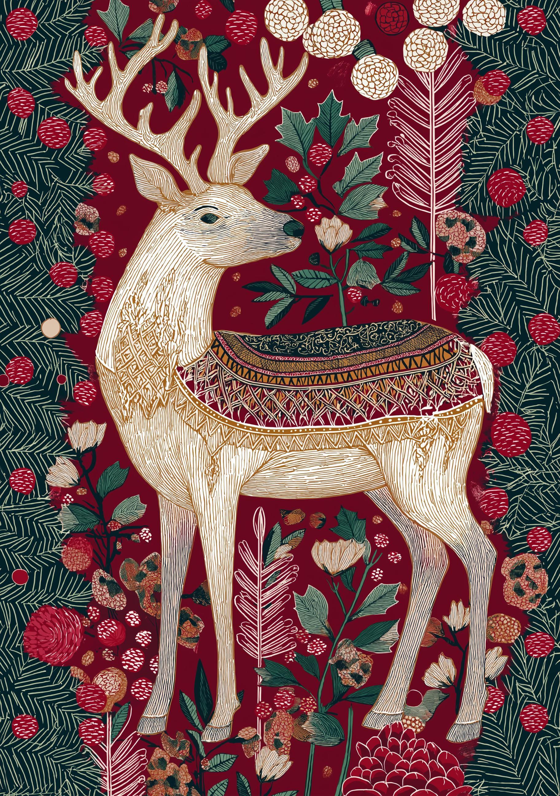 Scandinavian Reindeer Christmas Nordic Folk Botanical Holiday Wall Art by The Wall Art Studio