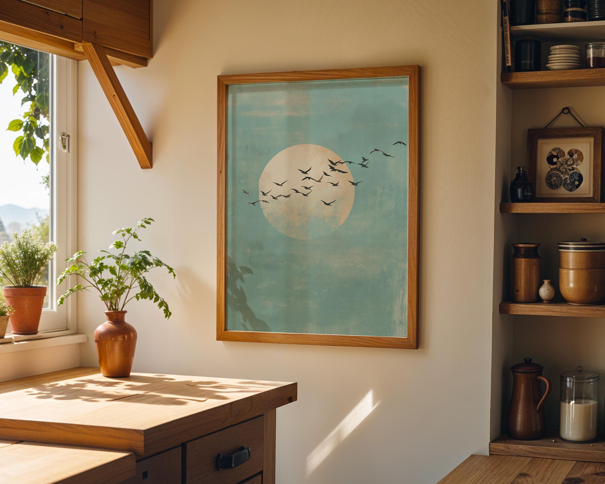 Minimalist Moon & Birds Soft Blue Sky Japandi Wall Art by The Wall Art Studio - physical