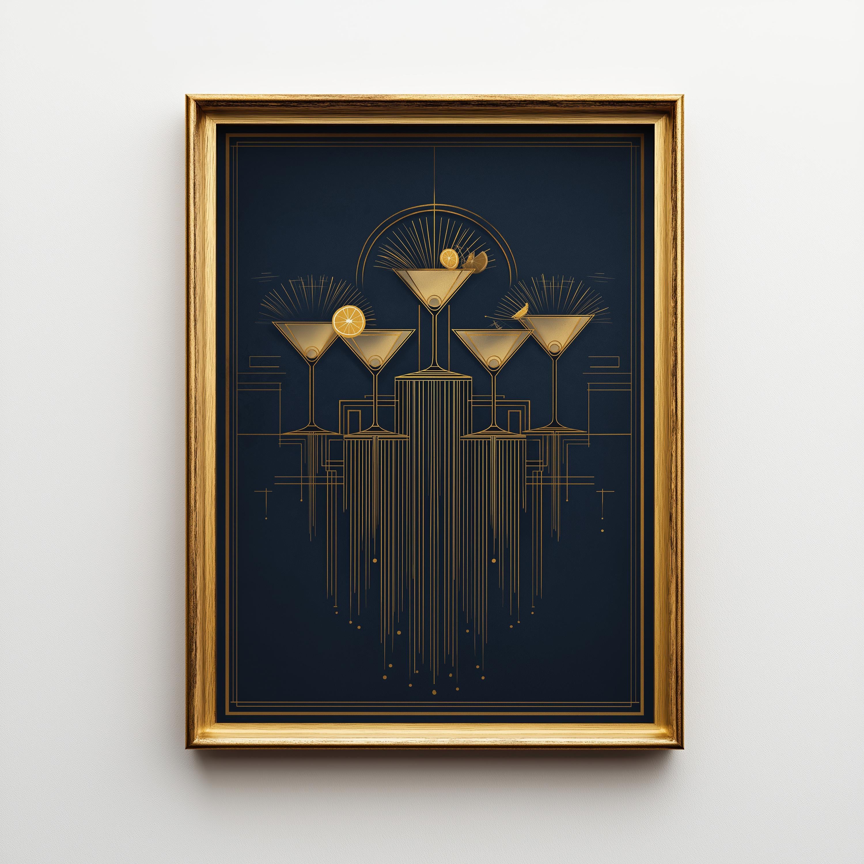Art Deco Cocktail Wall Art Print, Minimalist Martini Illustration, Blue, Pink and Gold Bar Décor