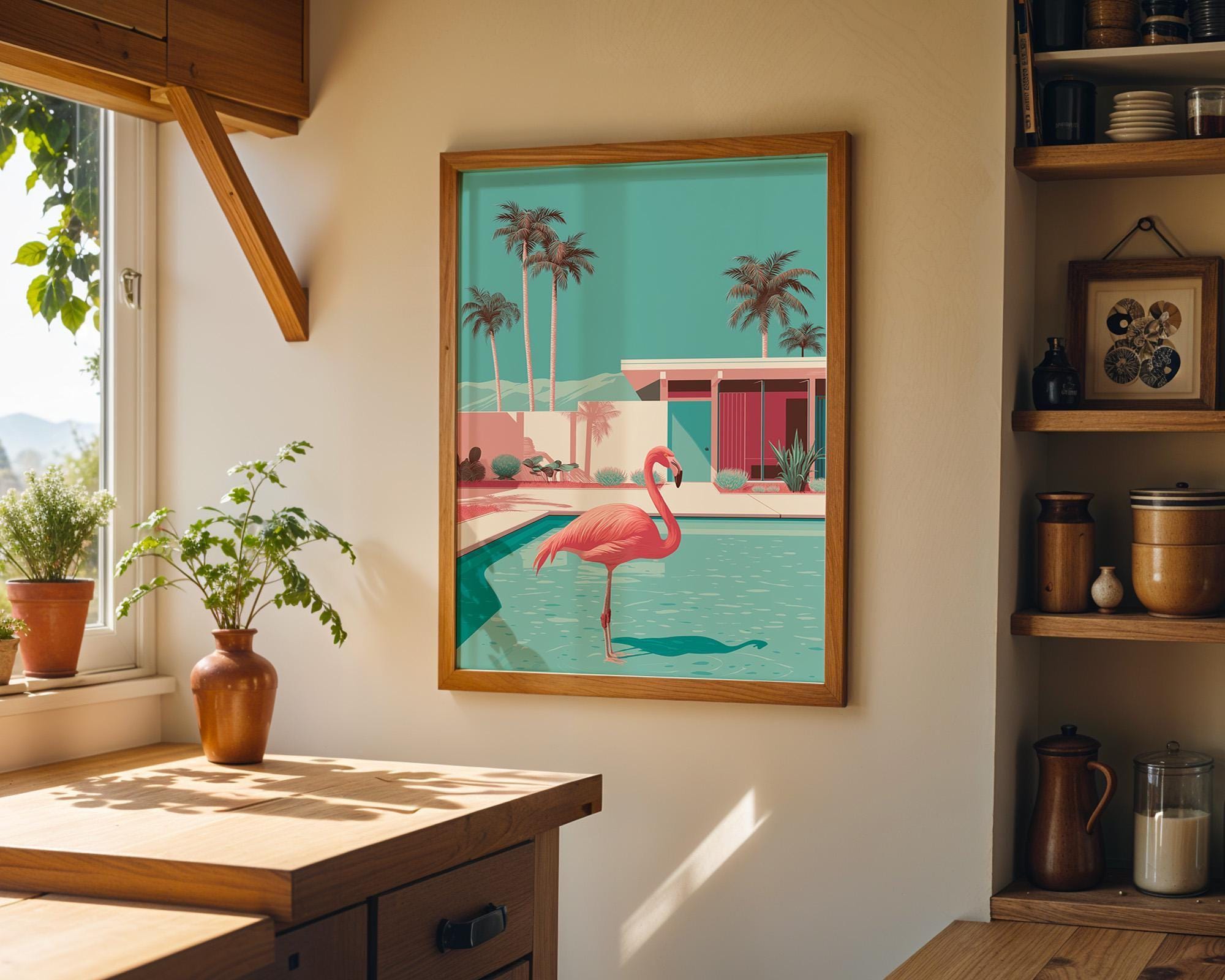 Mid Century Modern Flamingo Pool Desert House Retro Wall Art by The Wall Art Studio - physical