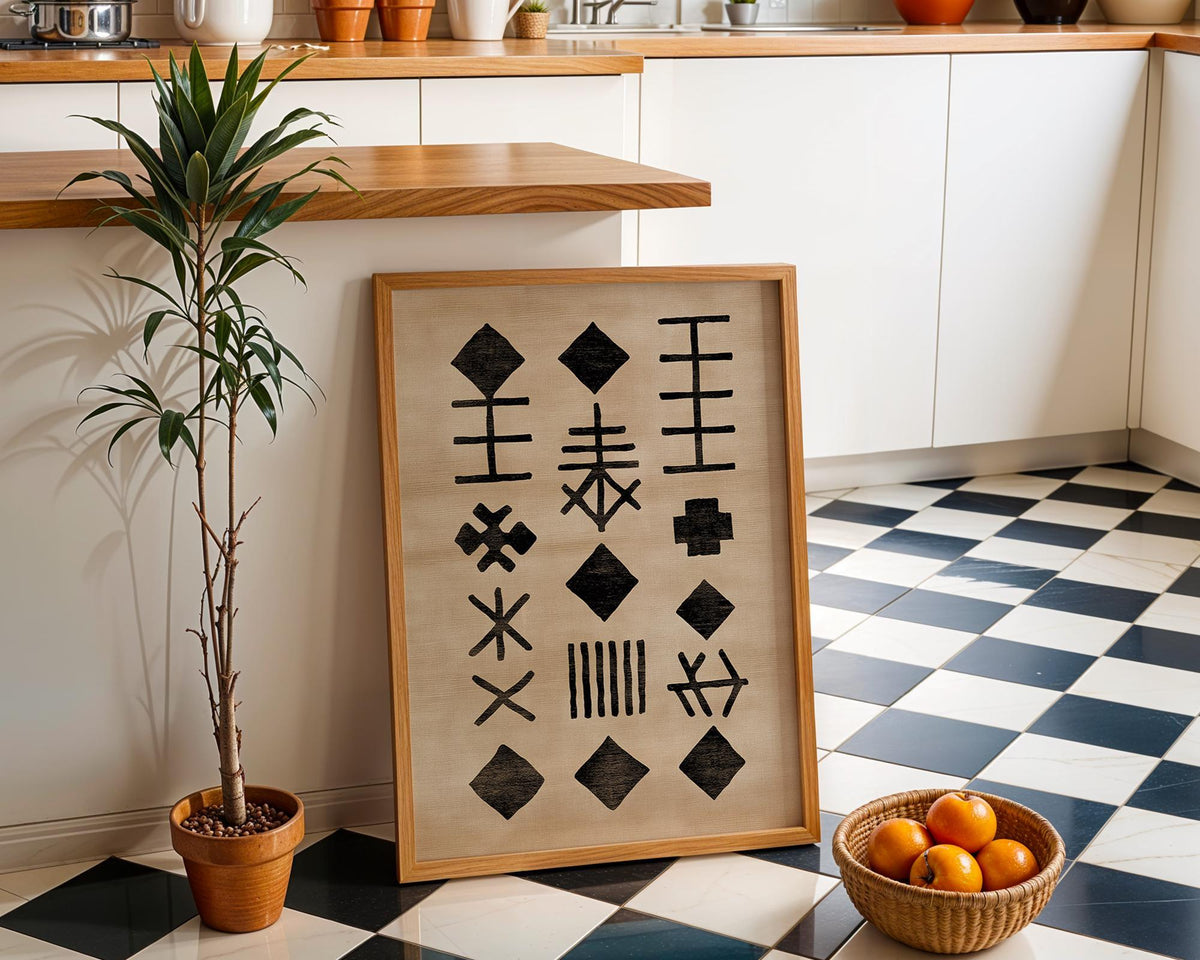 African Mudcloth Tribal Symbol Pattern Boho Neutral Wall Art