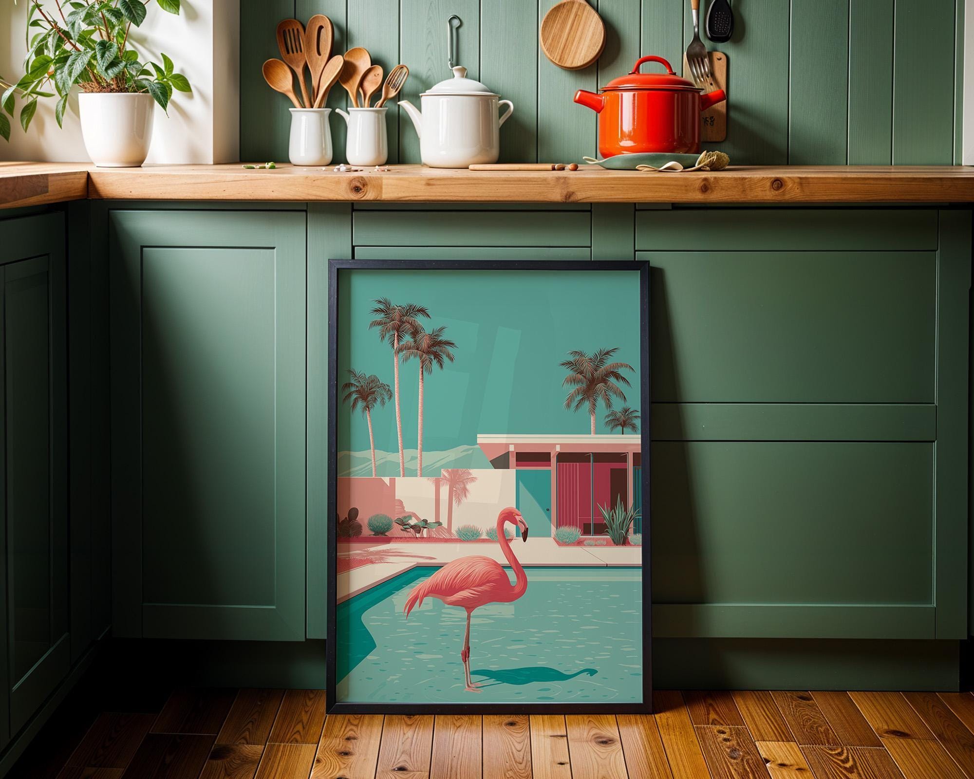 Mid Century Modern Flamingo Pool Desert House Retro Wall Art by The Wall Art Studio - physical