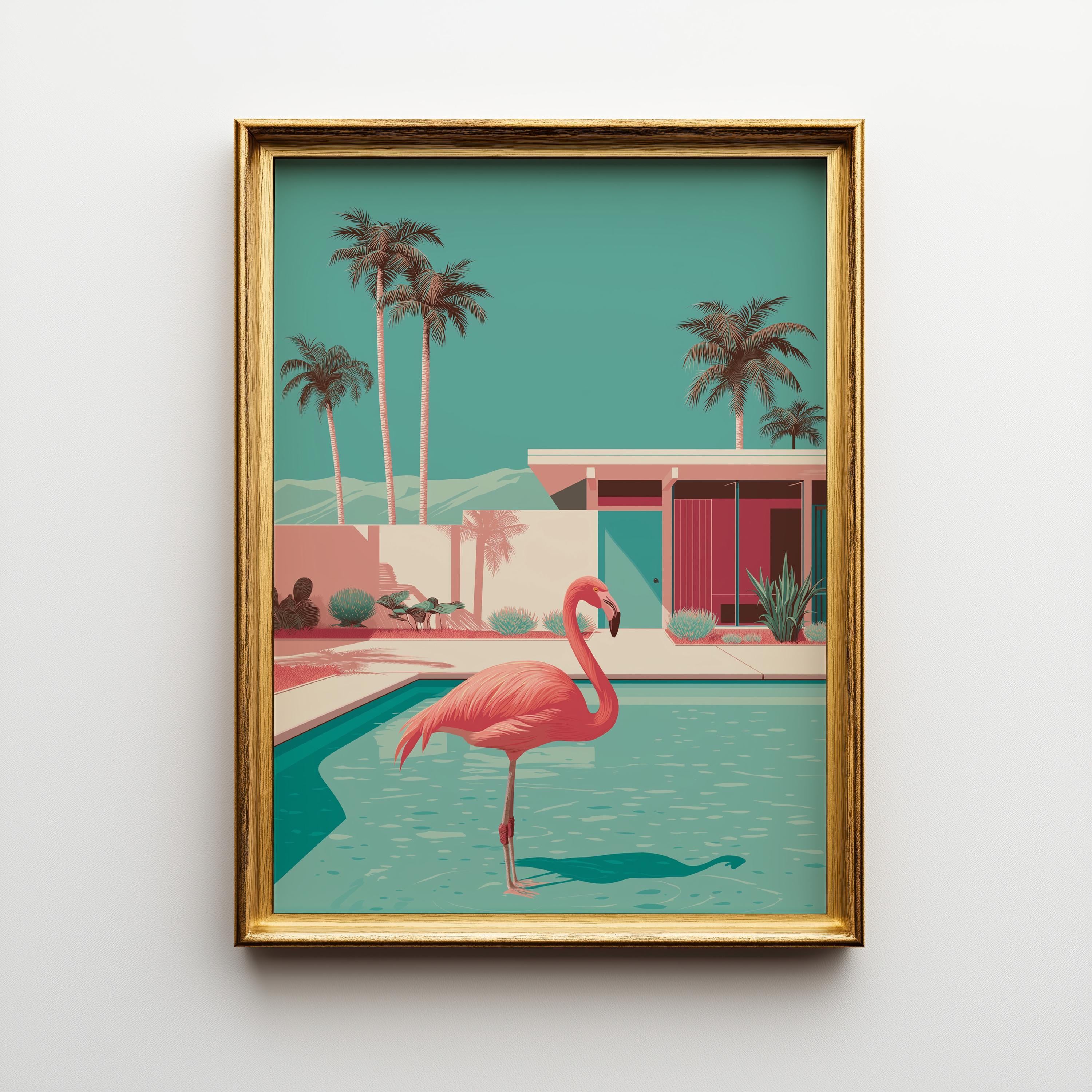 Mid Century Modern Flamingo Pool Desert House Retro Wall Art by The Wall Art Studio - physical