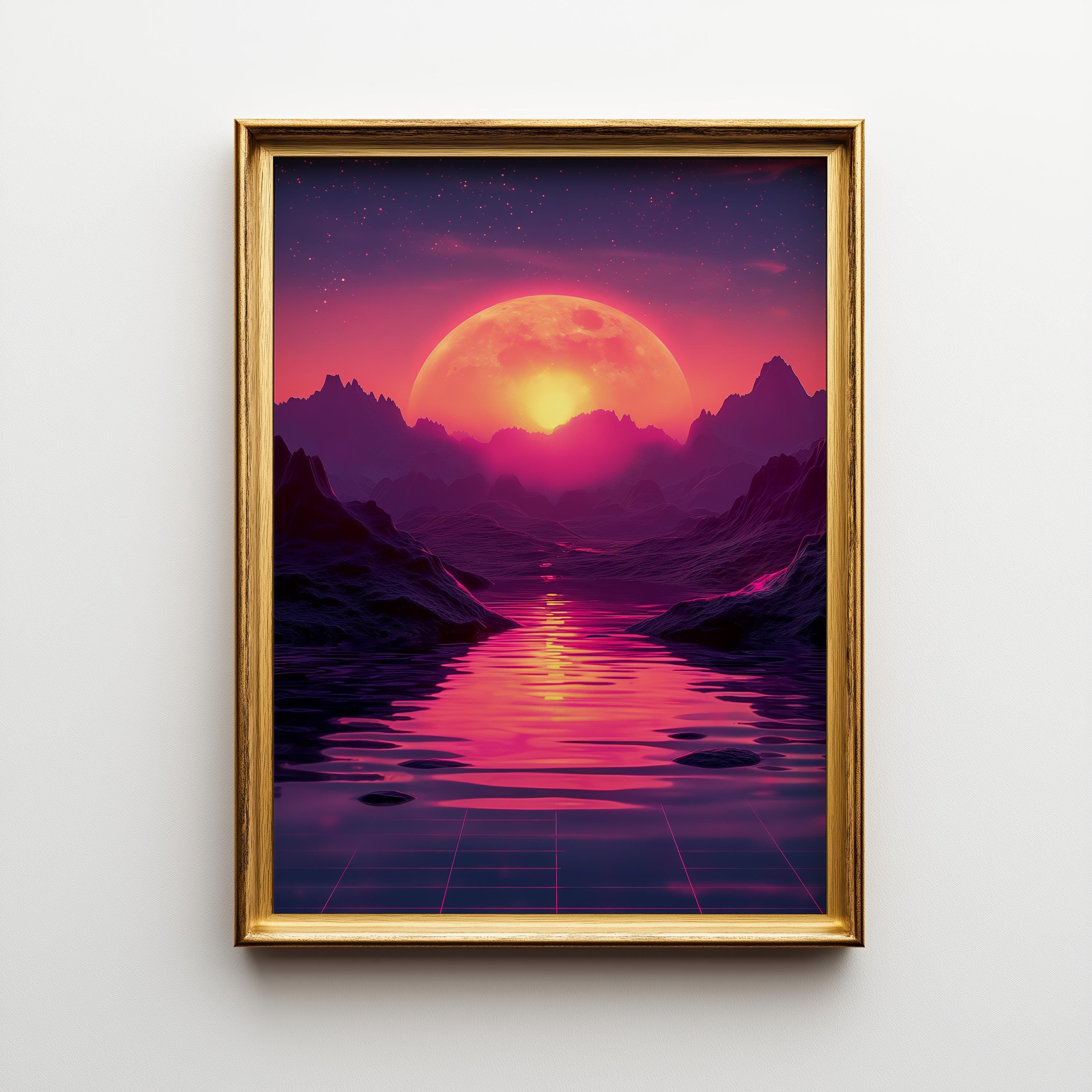 1980s Retro Futuristic Neon Synthwave Chrome Sphere Wall Art by The Wall Art Studio