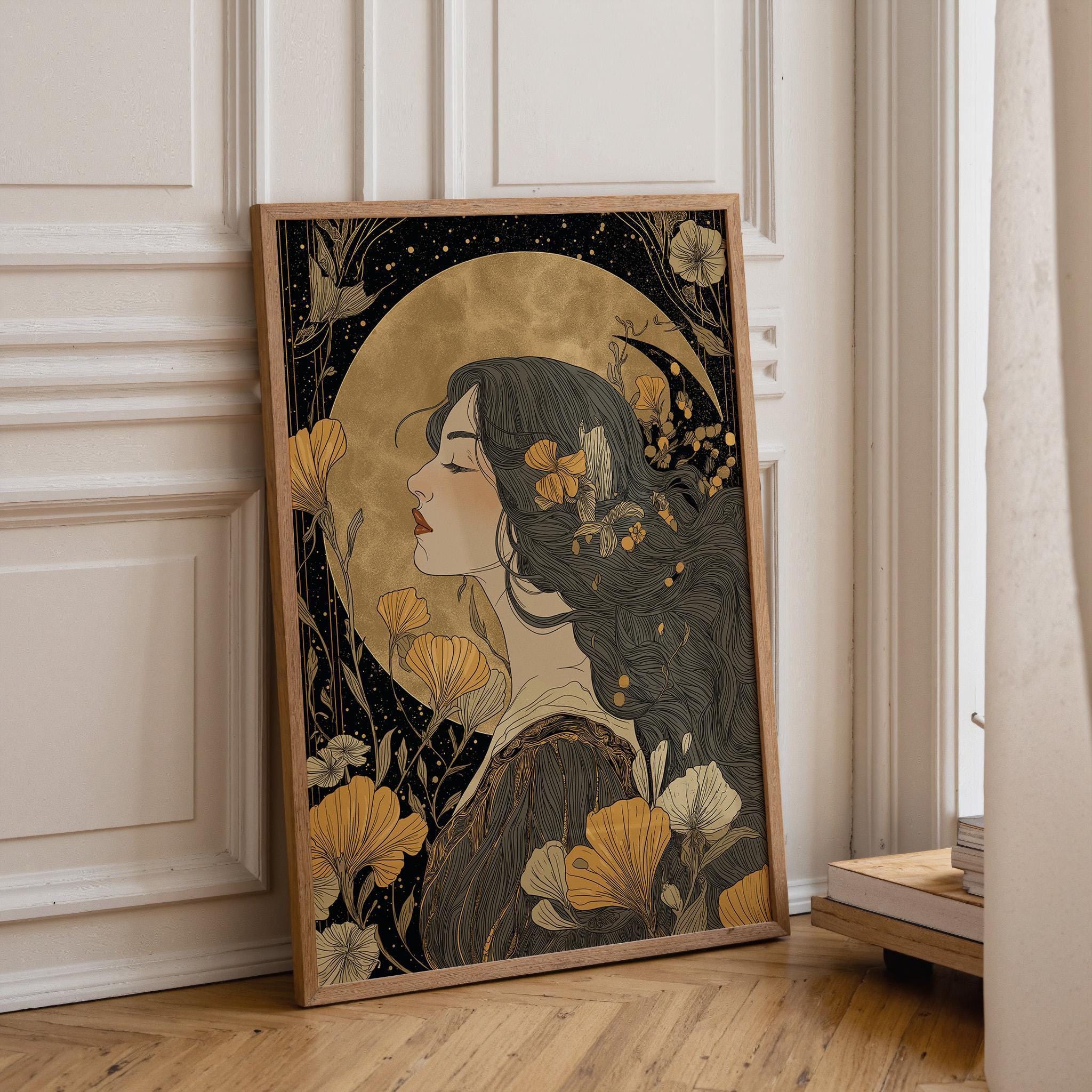 Art Nouveau Woman Portrait Celestial Gold Floral Wall Art by The Wall Art Studio